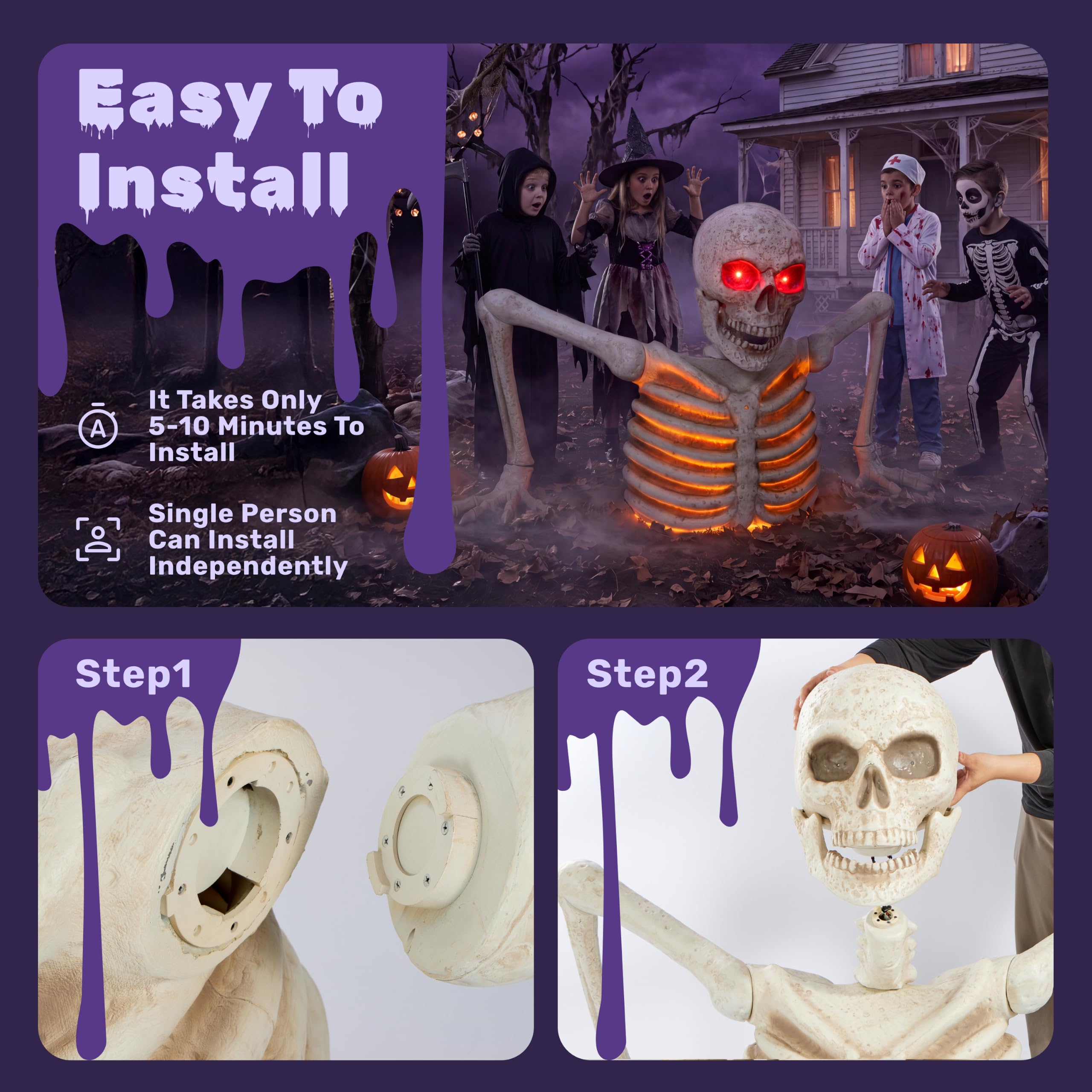 JOYIN Halloweenowe dekoracje szkieletowe, podświetlane, animowane, gigantyczne szkielety, cmentarz z czujnikiem podczerwieni, przerażający dźwięk, straszna dekoracja na zewnątrz, Halloween, do