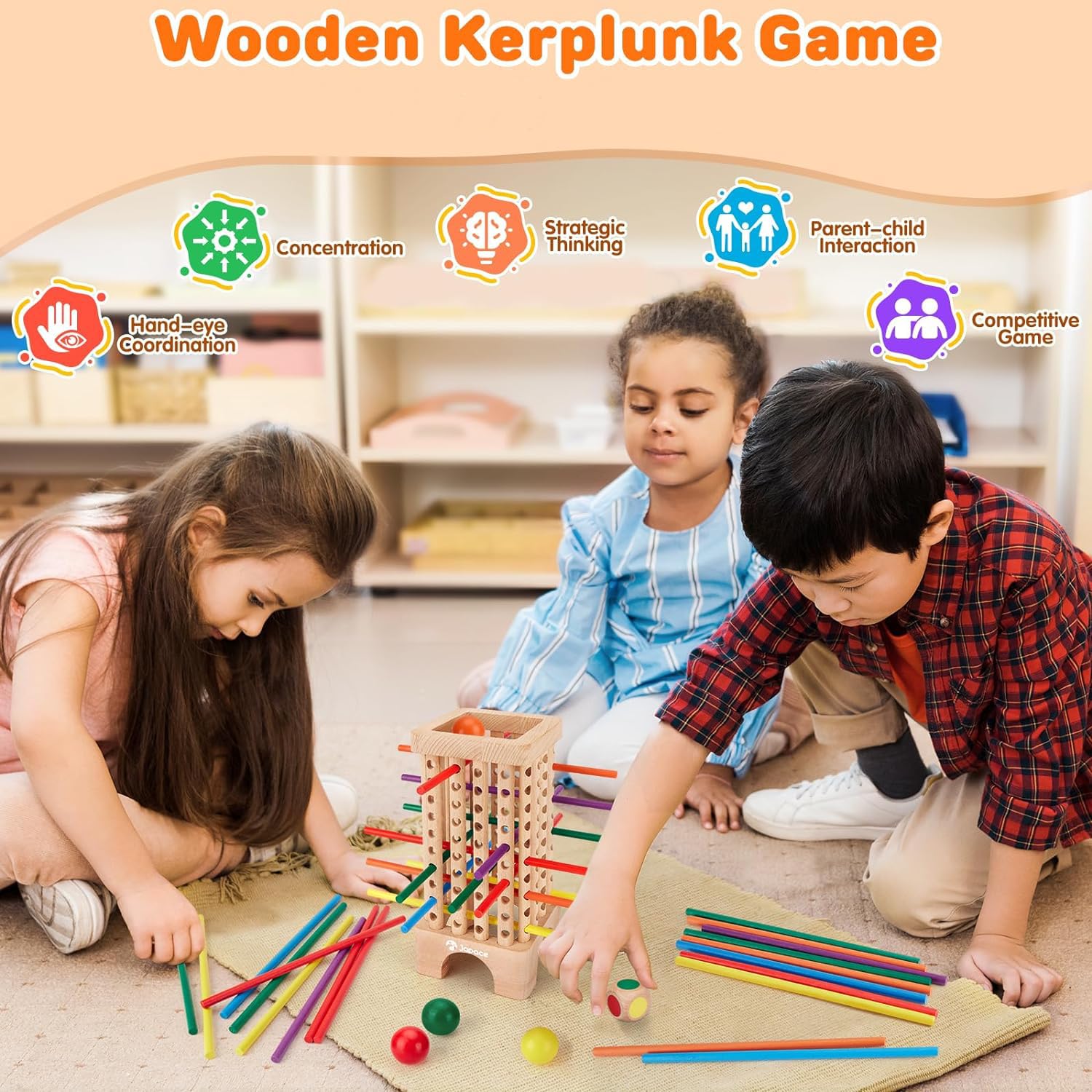 Japace Giochi Montessori per Bambini, Gioco di Società in Legno, Giocattoli Educativi 3 4 5 6 Anni Gioco di Dadi, Gioco di Abilità Motorie e Giocattolo di Conteggio Gioco da Famiglie e Viaggio