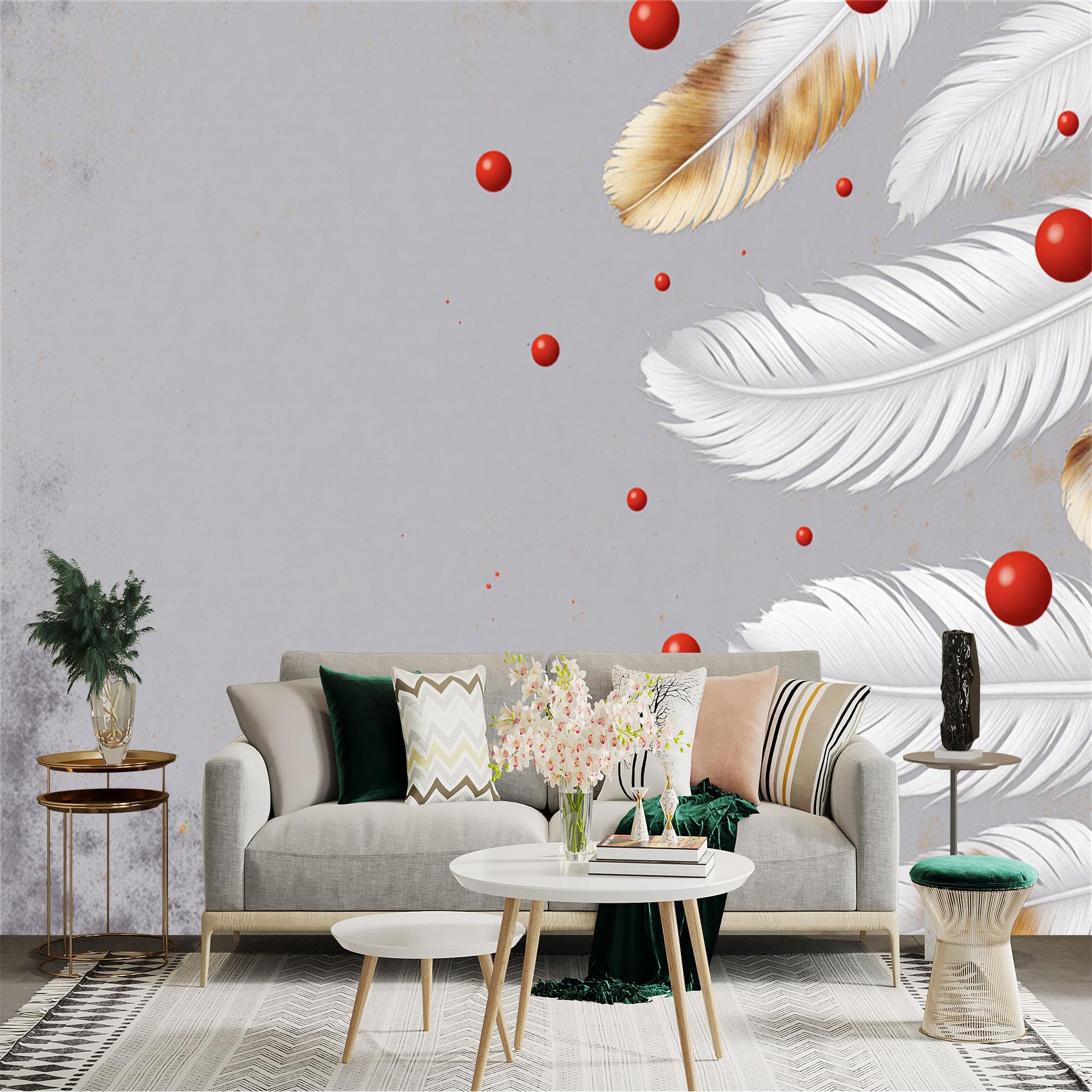 Custom Size Wall Sticker Mural， Elegant White Feathers and Red Floating Orbs， Minimalist Soft Gray Texture， for wall Decoration， peelandstick wall Decals.