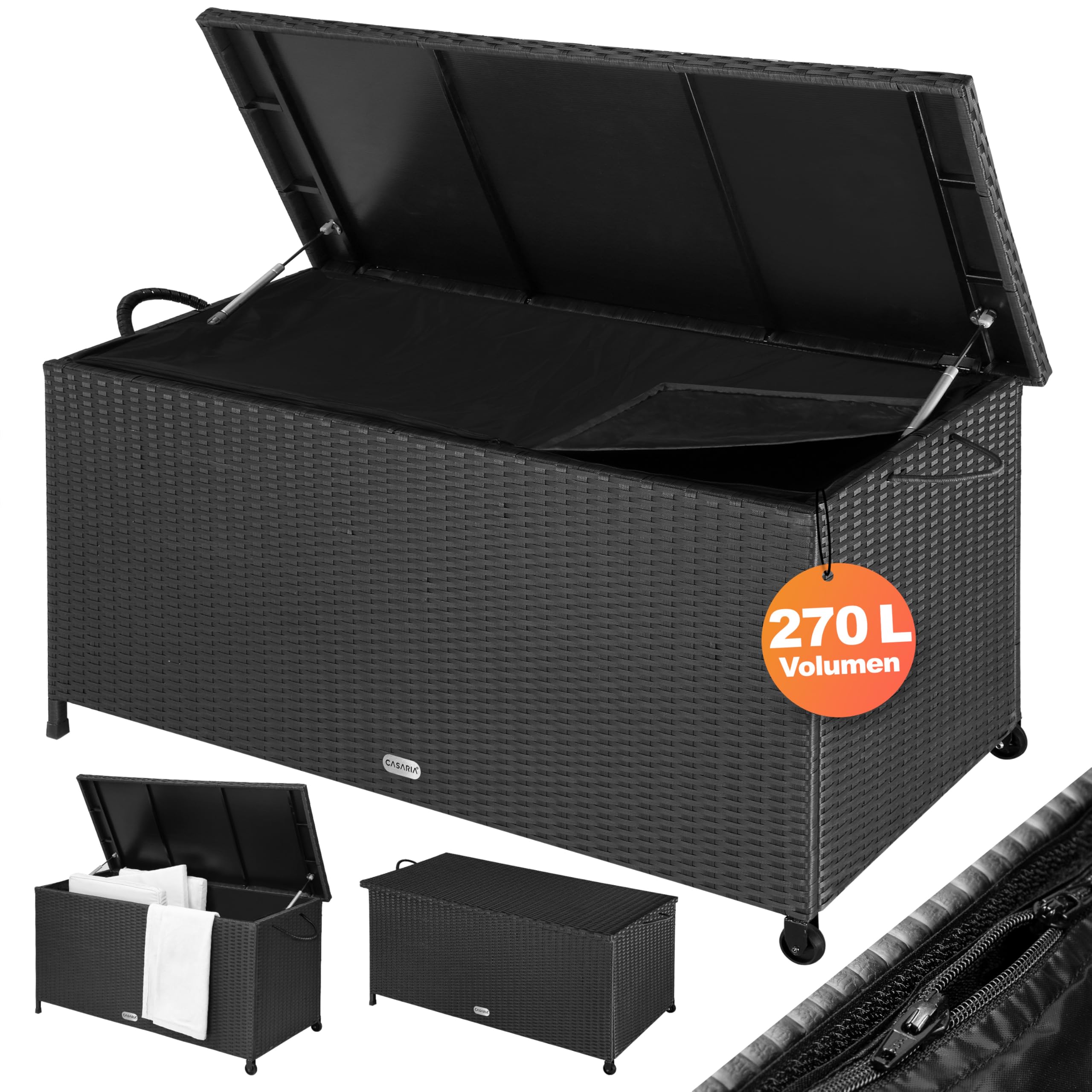 Casaria® Gartenbox Auflagenbox mit Rollen 270L Stauraum UV-beständig Handgriffe Gasdruckfeder Wetterfest 117x53cm Garten Aufbewahrungsbox Schwarz