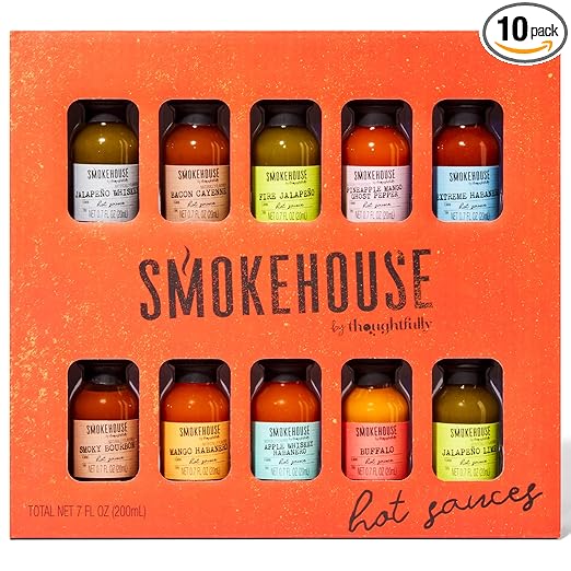Smokehouse by Thoughtfully, Gourmet Hot Sauce Gift Set, Flavors Include Mango Habanero, Buffalo, Bacon Cayenne, Smoky Bourbon, Fire Jalapeño and More, Hot Sauce Variety Pack, Set of 10