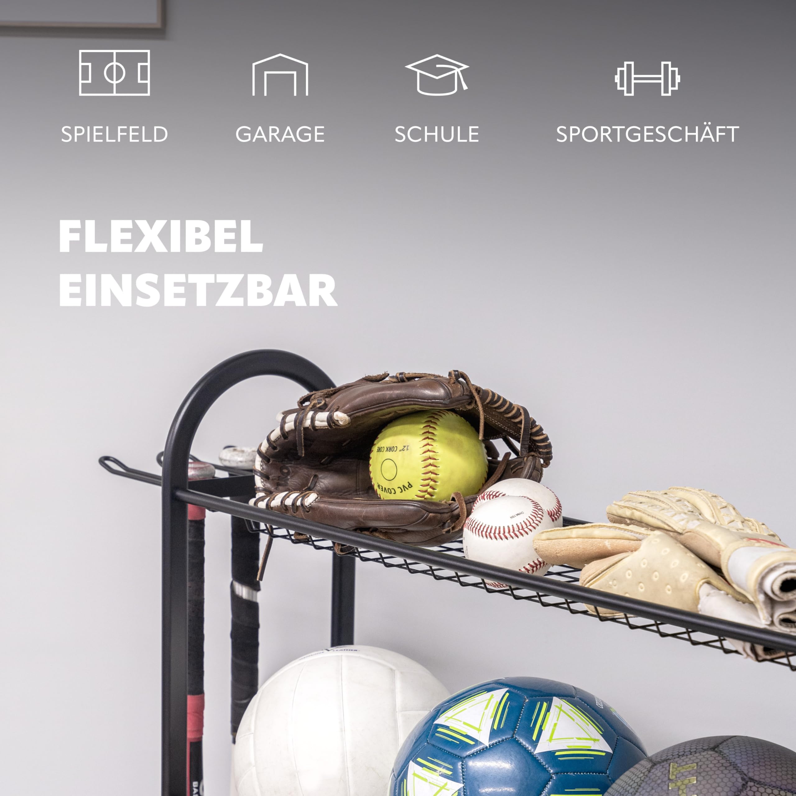 eluno Stojak do przechowywania piłki sportowej ze stabilnymi półkami, uchwytem na kije baseballowe i haczykami, do przechowywania piłek na nogi, piłek do siatkówki, piłek do koszykówki, piłek ręcznych