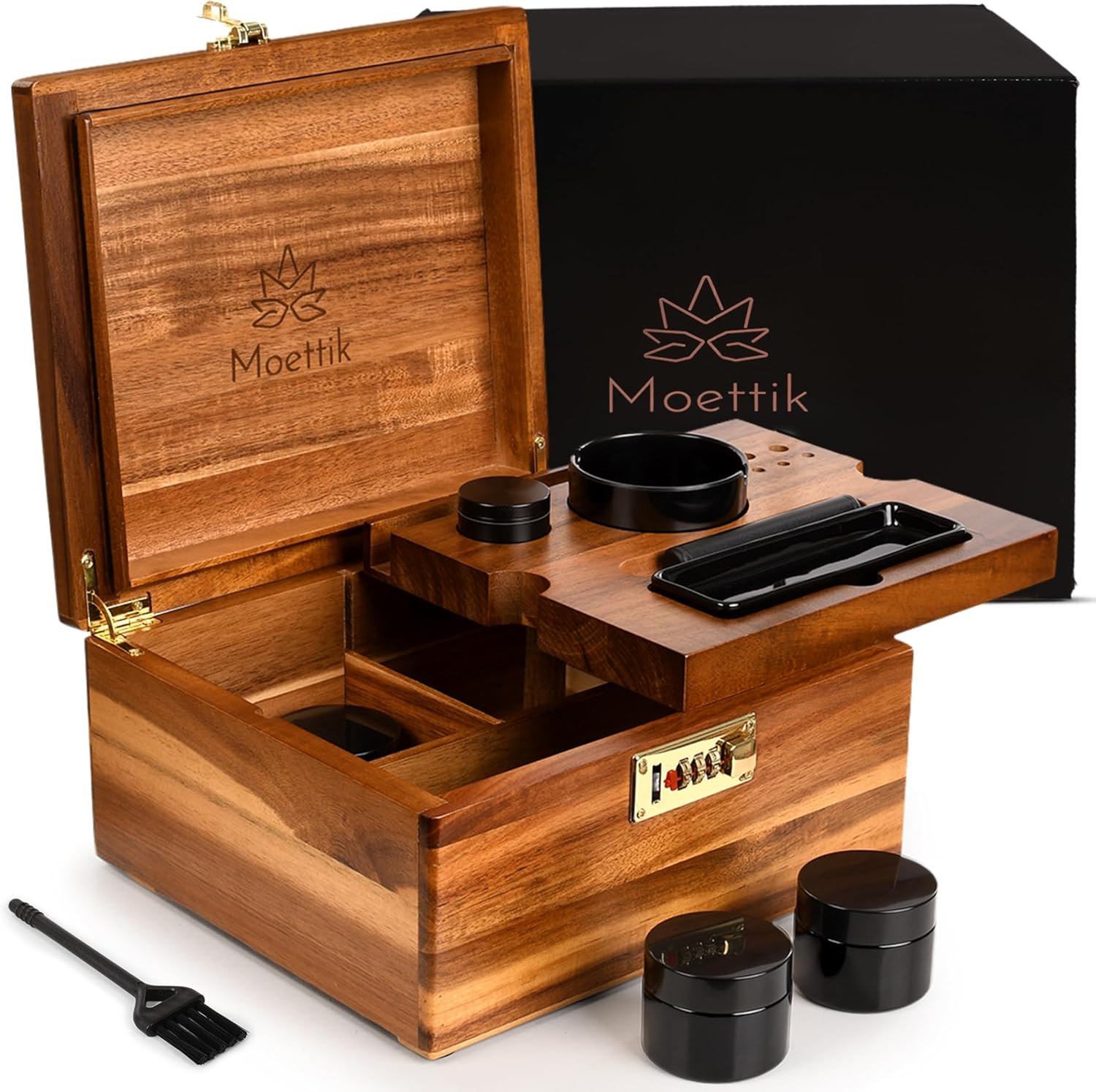 Premium Acacia Wood Storage Box with Combination Lock – Large Organizer with Removable Tray and Accessories-Upgraded Lock Brown