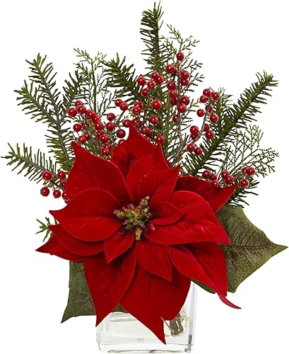 Nearly Natural 4189 Poinsettia, pino y bayas en jarrón Arreglo artificial Poinsettia, pino y bayas en arreglo de jarrón, rojo