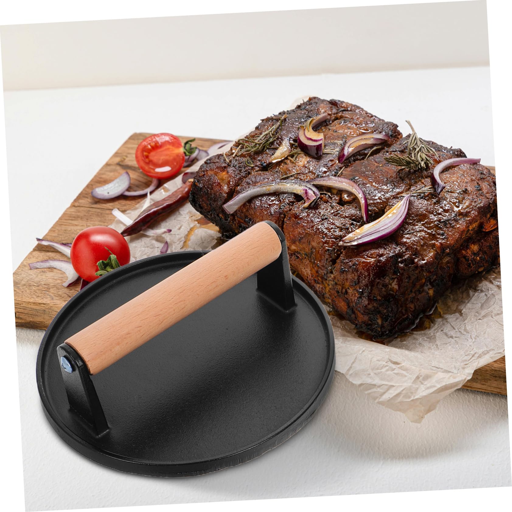 Cabilock Prensa de Barbacoa de Hierro Fundido con Mango de Madera, Placa Larga sin Revestimiento, Prensa para Hamburguesas y Filetes, Utensilio Cocina para Barbacoa, Juego de 2 Piezas