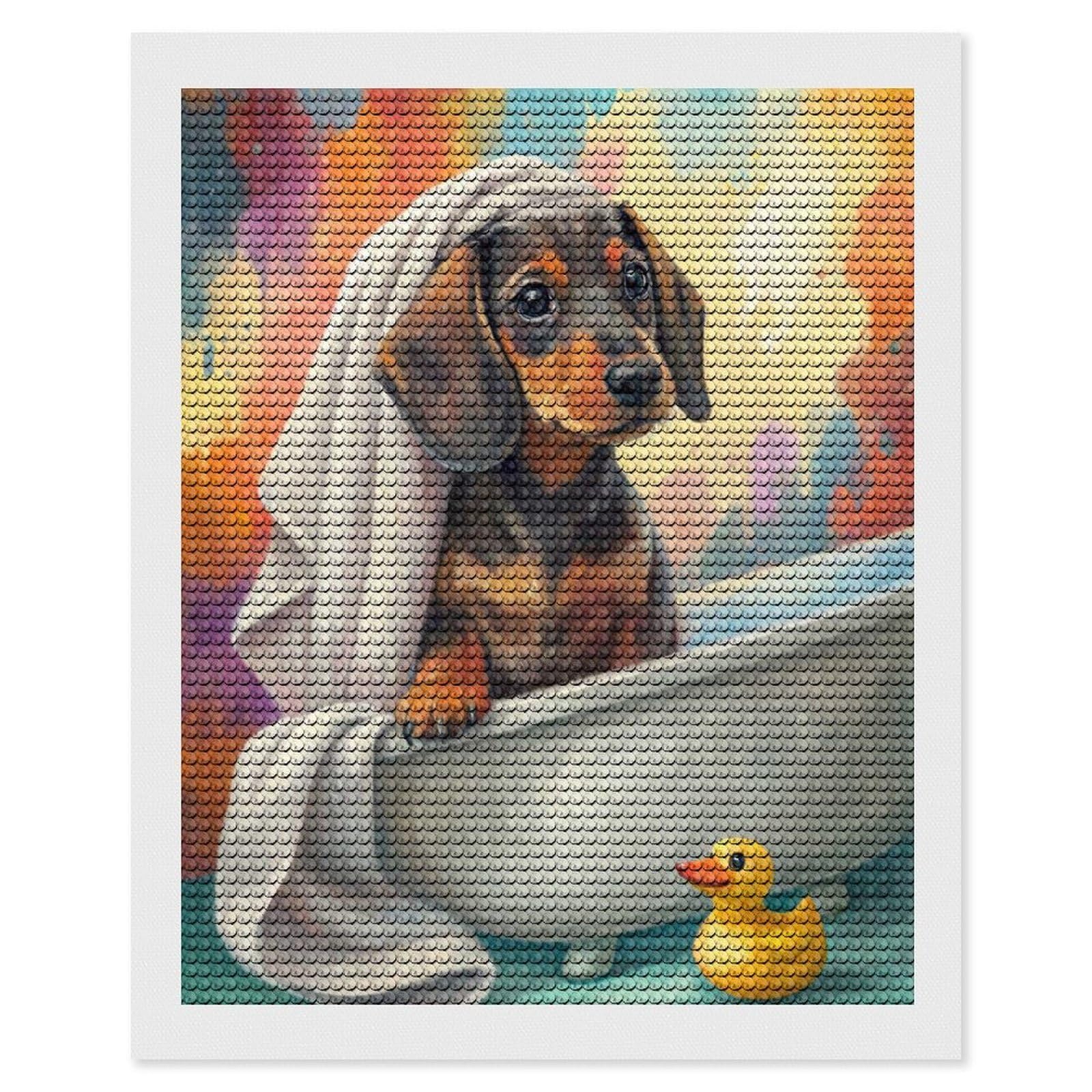 Junmoney Dachshund Puppy in Bathtub with Duck Diamond Art Kit 16"x20", for Beginners, Vintage Style Decor, Good for Quiet Evenings, Festive Craft Gift