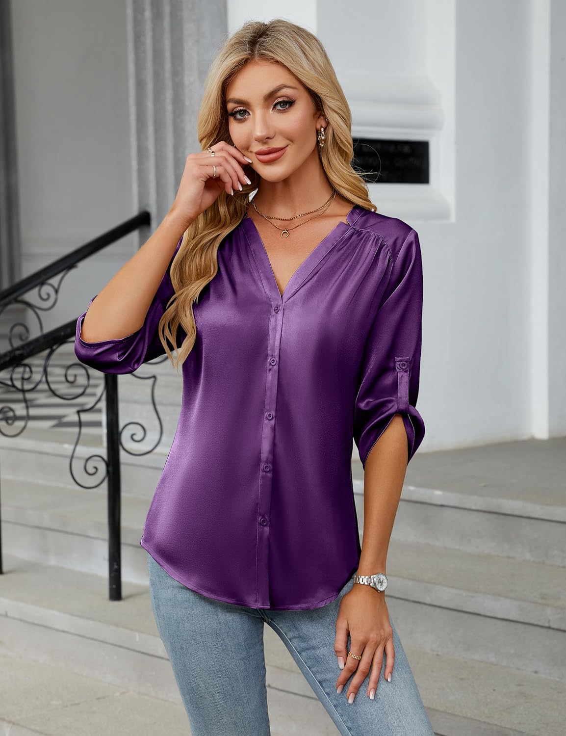 Blooming Jelly Womens Button Down Shirts 3/4 Sleeve Dressy Casual Tops Pleated Satin Silk Business Blouses 2026 - Image 2