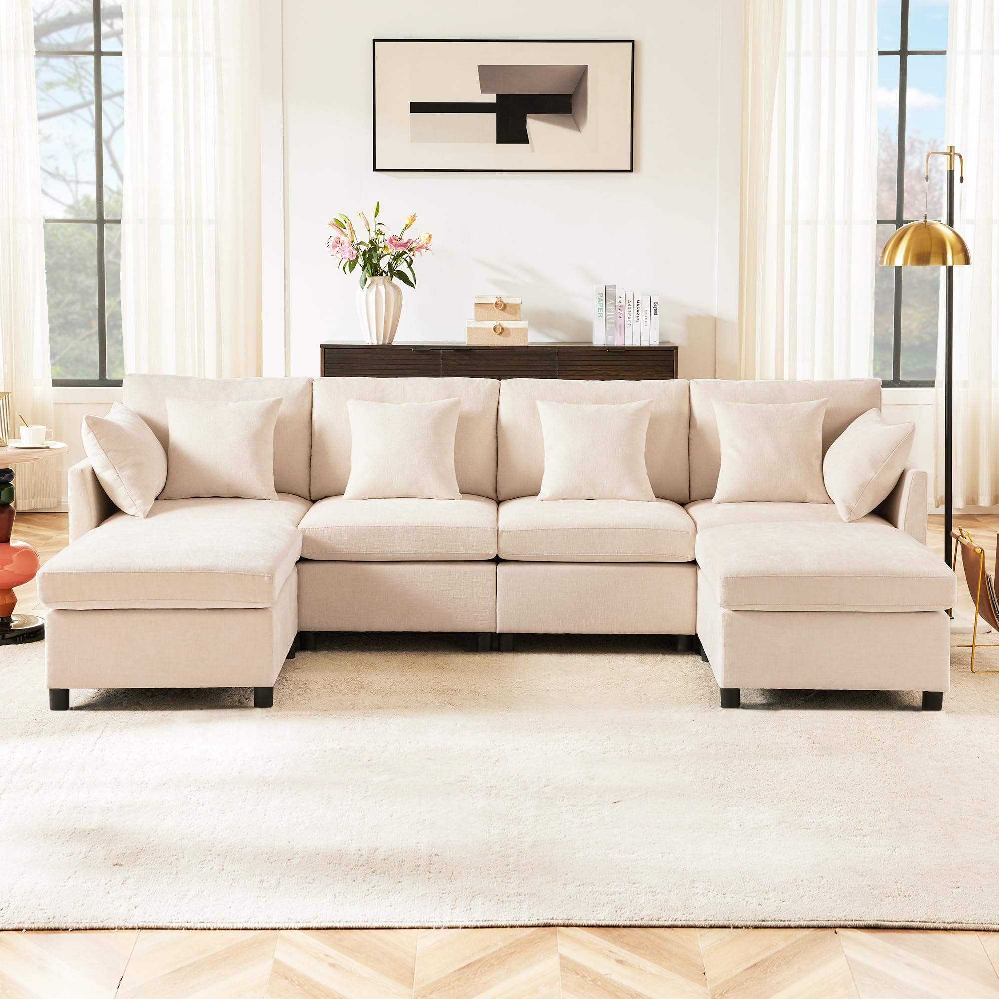 Sofa de Salon Modular con 2 Taburetes y 6 Cojines, Sofas de Salon Sofa para 4-6 Personas, Sofá Cama con Respaldo Cómodo, Convertible en Forma de U o de L, Chenilla, 278x161x81 cm, Beige
