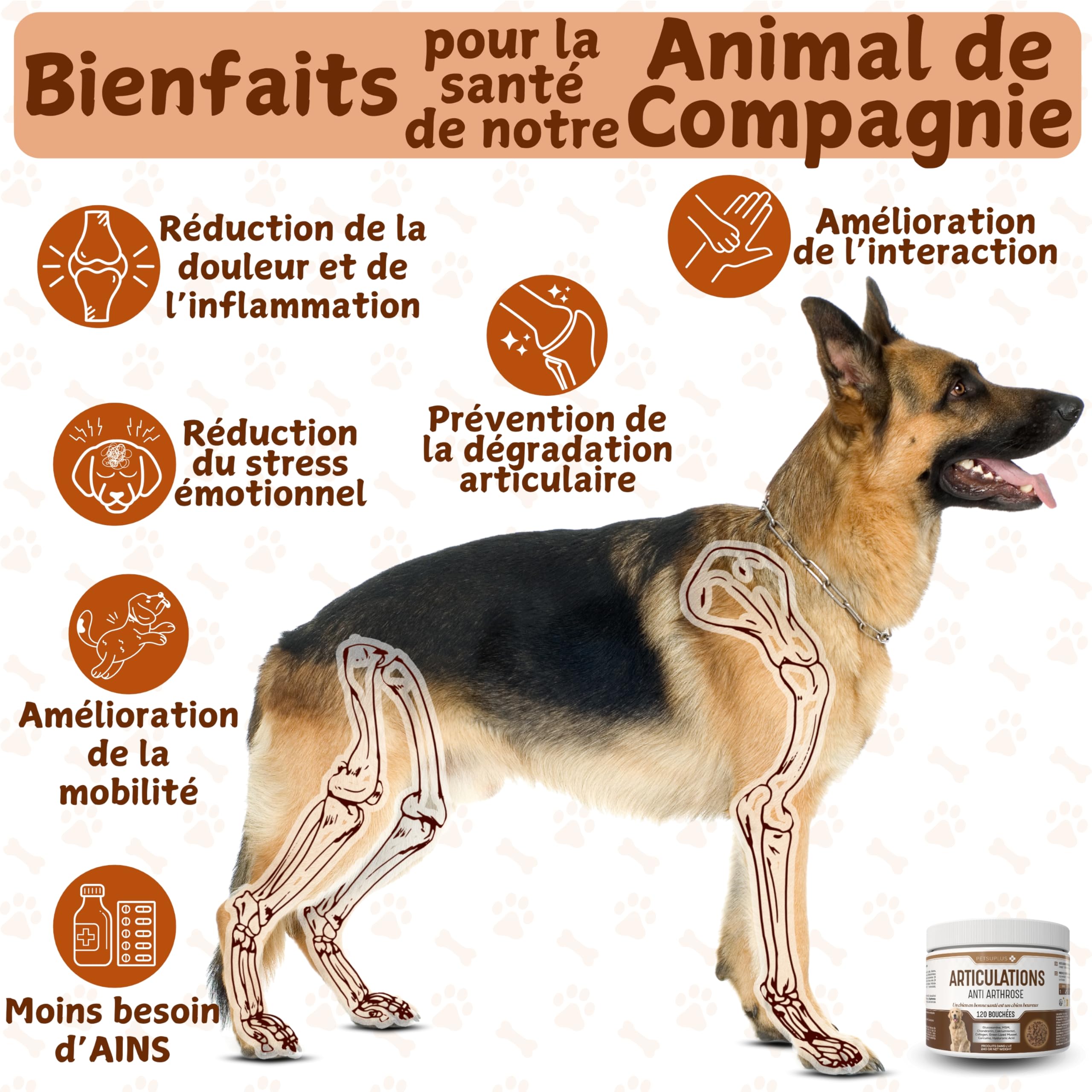 Complement Alimentaire Chien - Traitement Articulation Chiens - Moule Verte Chien, Chondroïtine, Glucosamine, MSM, Collagène, Acide Hyaluronique - Anti Arthrose - 120 Comprimés