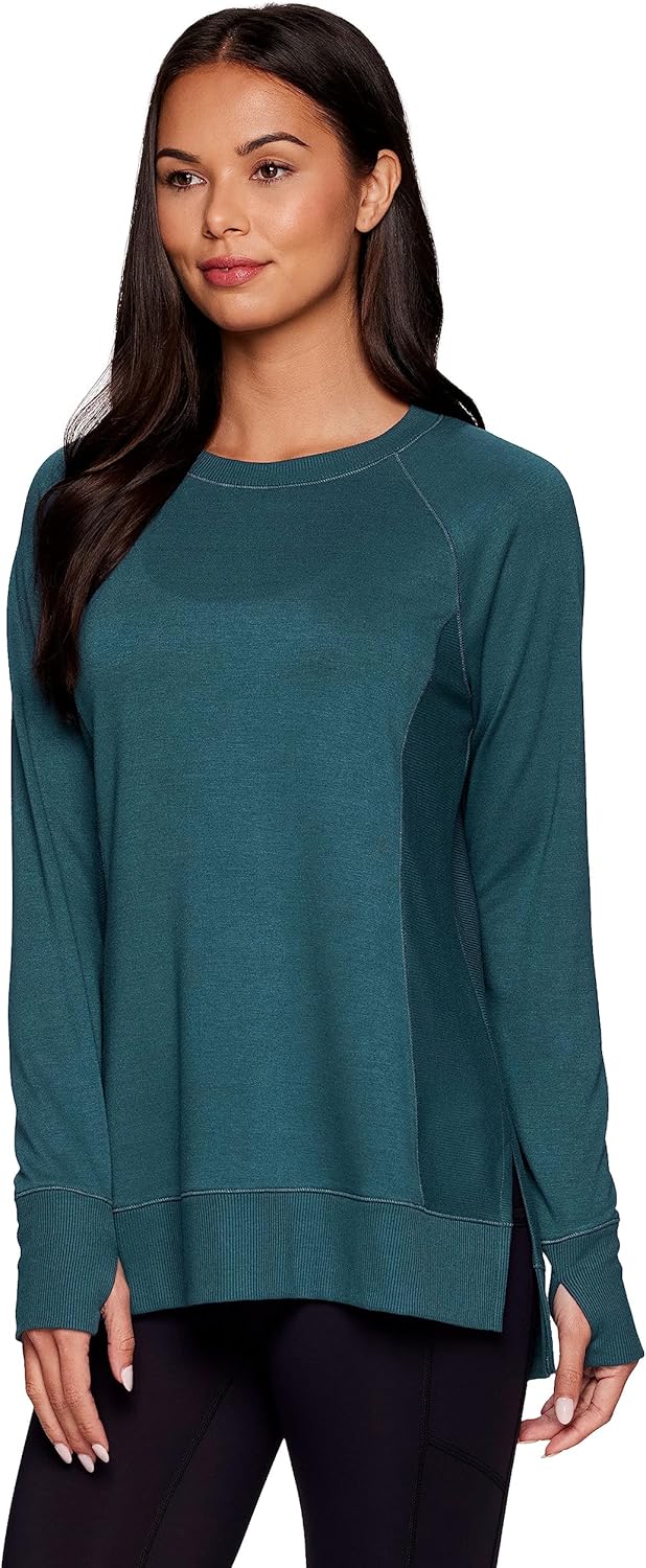 RBX Active Fashion Women's Yoga Tunic Sweatshirt, Lightweight French Terry Long Sleeve Top with Thumbholes & Ribbed Side