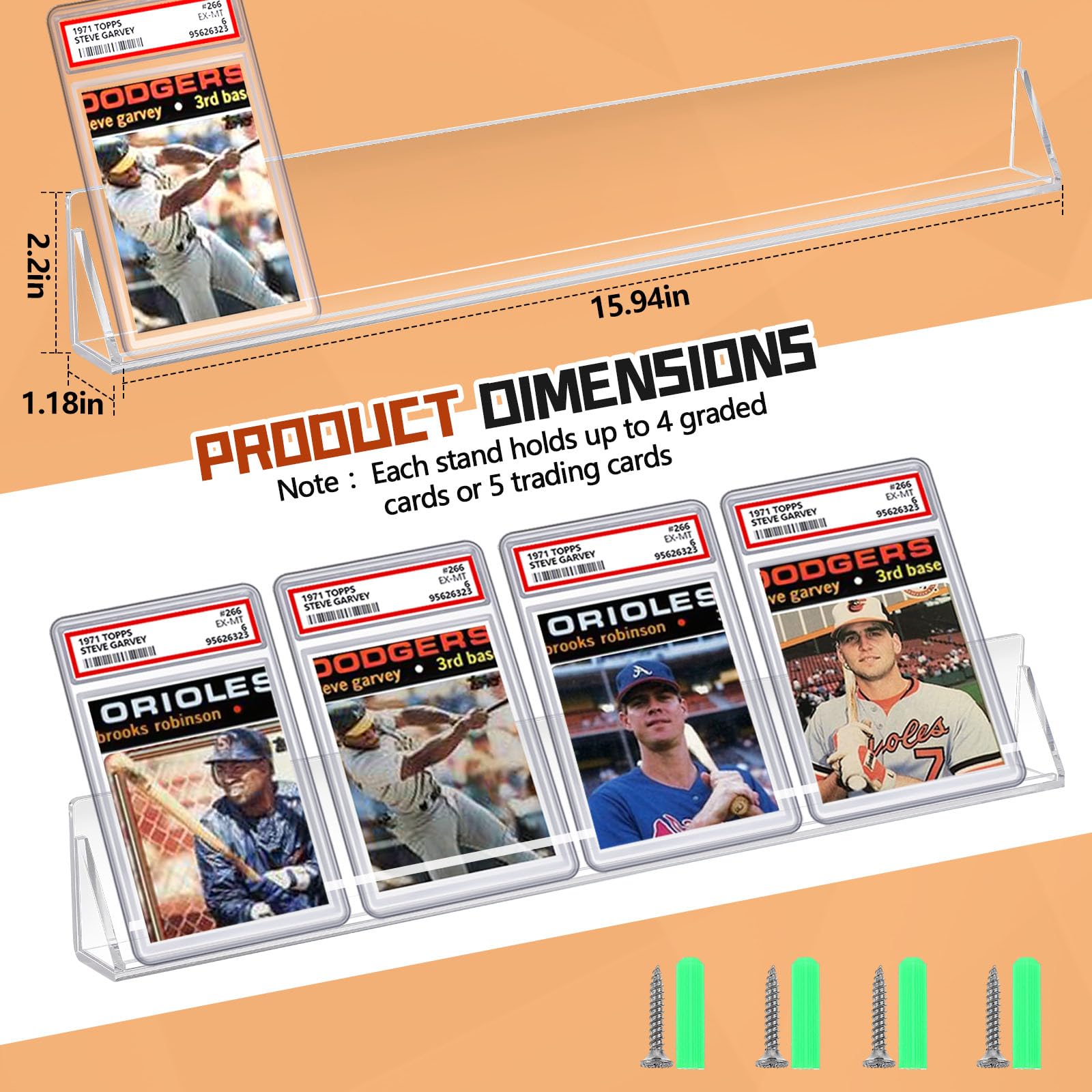 Threehoney 4 Pcs Sports Baseball Card Display Shelf Wall Mount, Each Holds 4 Graded Cards or 5 Trading Cards, Acrylic Display Case Sleeved Compatible with Psa SGC Graded Tradin