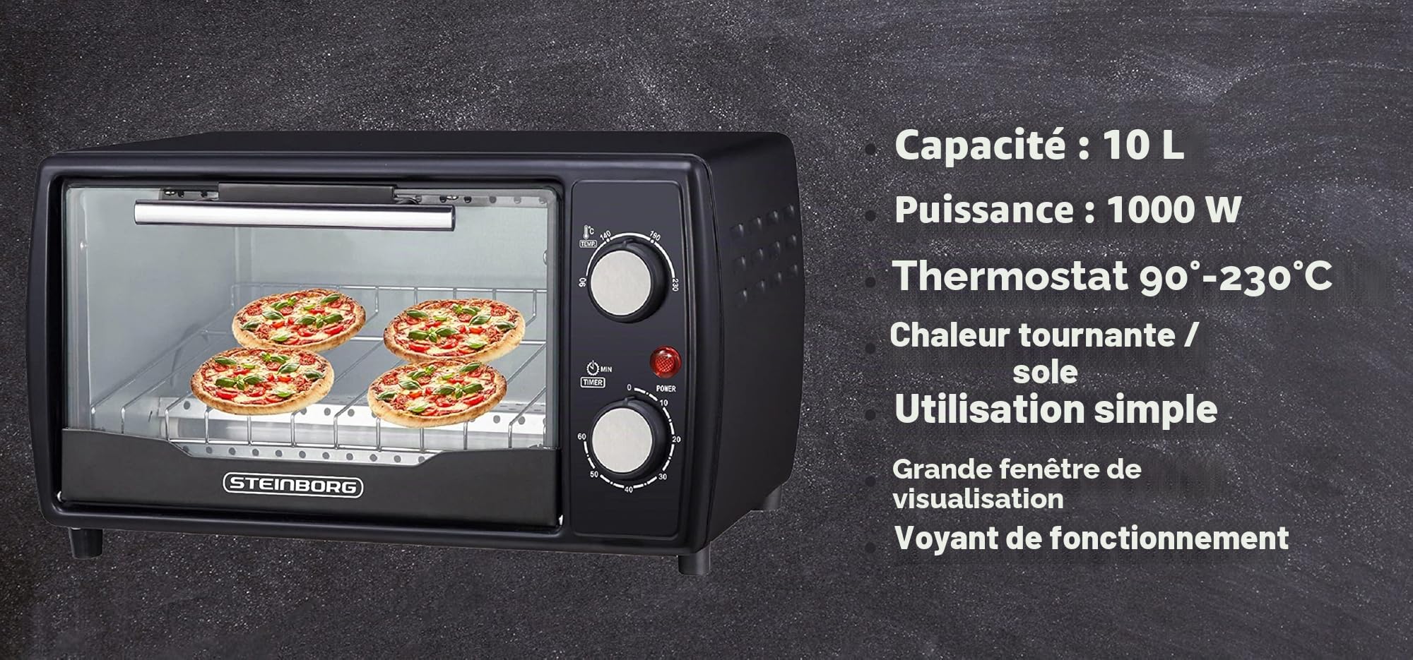 Mini four 1000 W 10 litres Avec plaque de cuisson et grille de cuisson Four à pizza 90-230 °C Minuterie de 60 minutes Plaque ramasse-miettes rabattable Manuel d'utilisation (français non garanti)