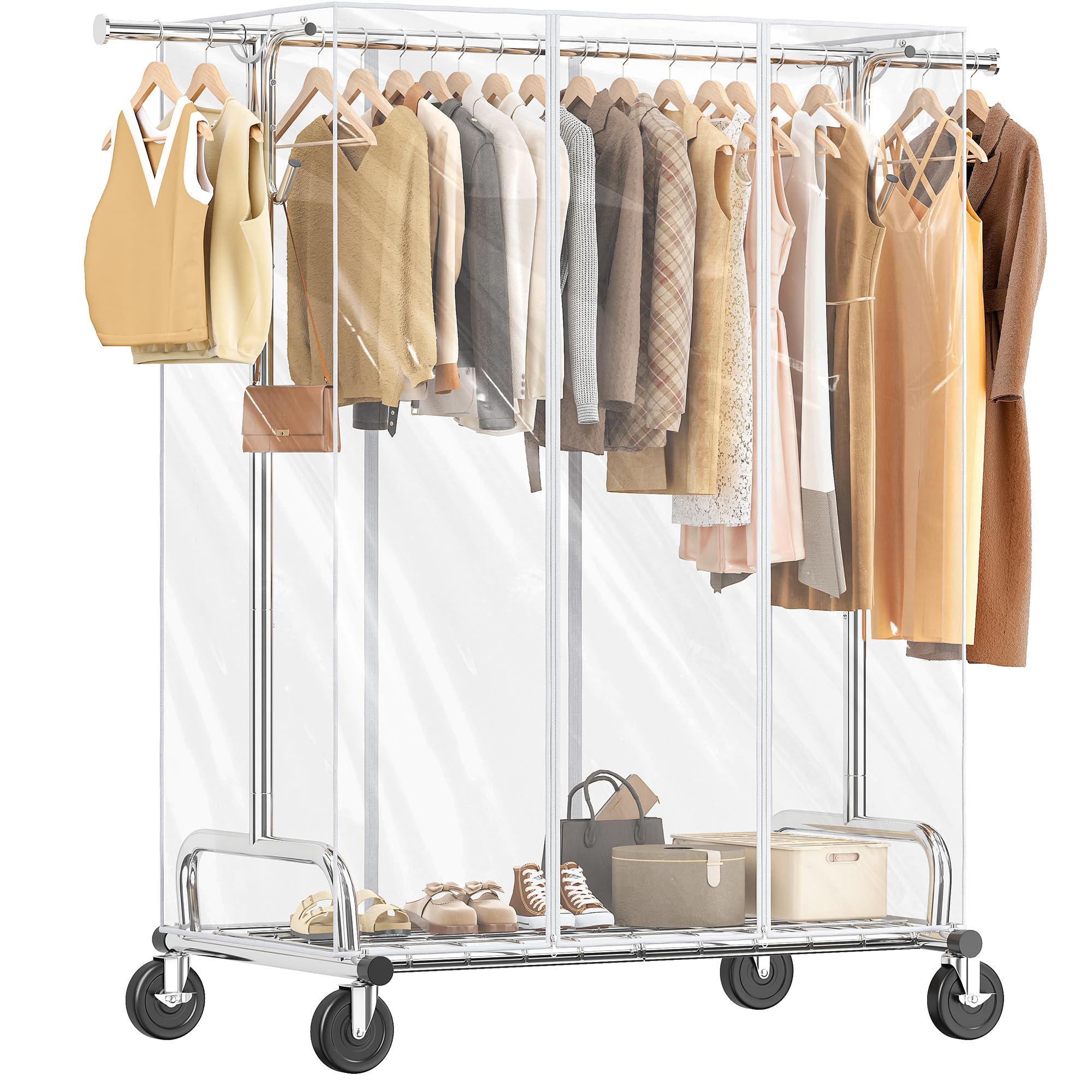 Raybee Clothing Rack,440LBS Heavy Duty Clothes Rack with Shelf and Hooks Adjustable Rolling Clothes Rack Portable Garment Rack, Chrome