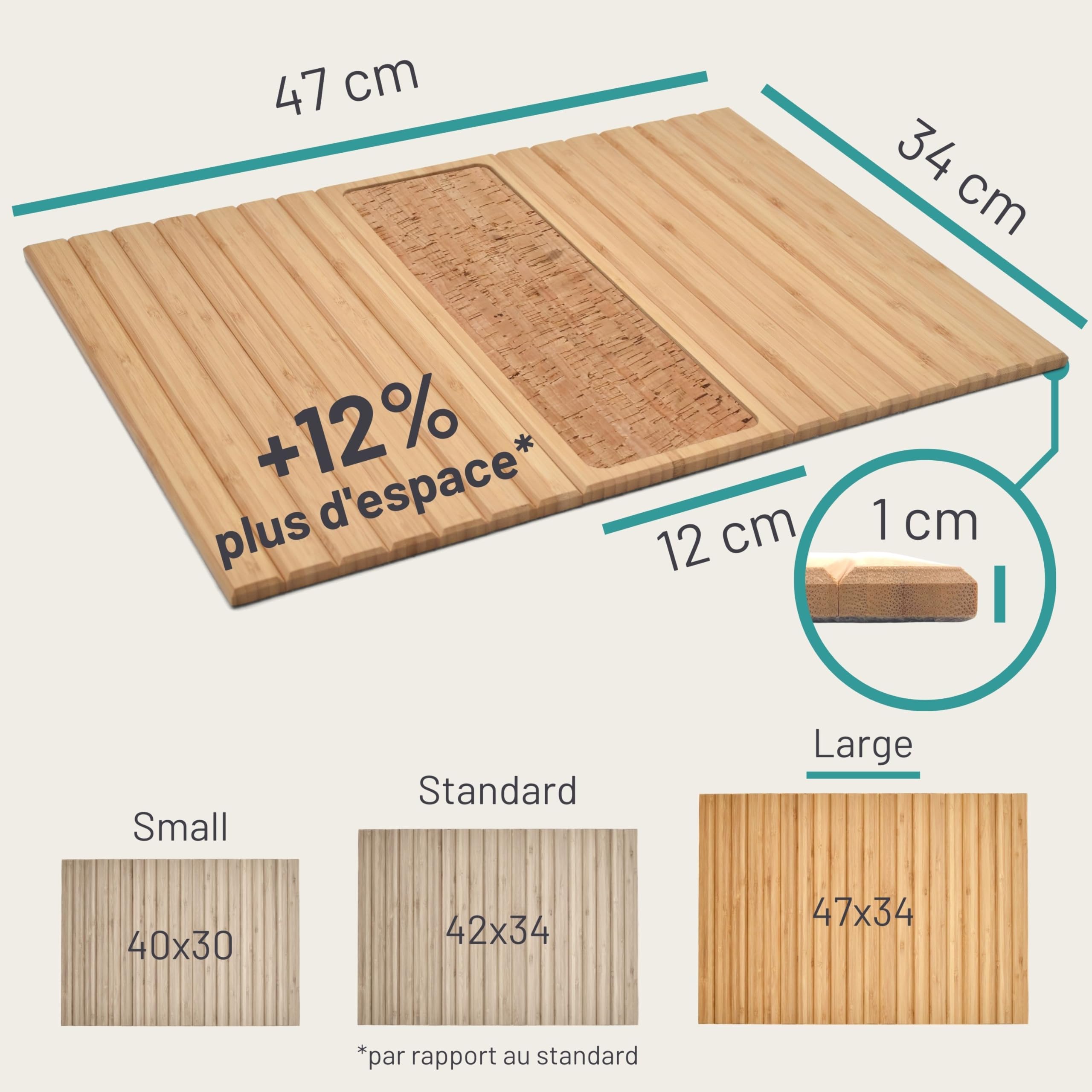 D&D Living® Plateau de Canapé Flexible - Support pour Accoudoir avec Tapis en Liège Anti-Dérapant | 47x34 cm, Bambou Naturel Durable Grand Format