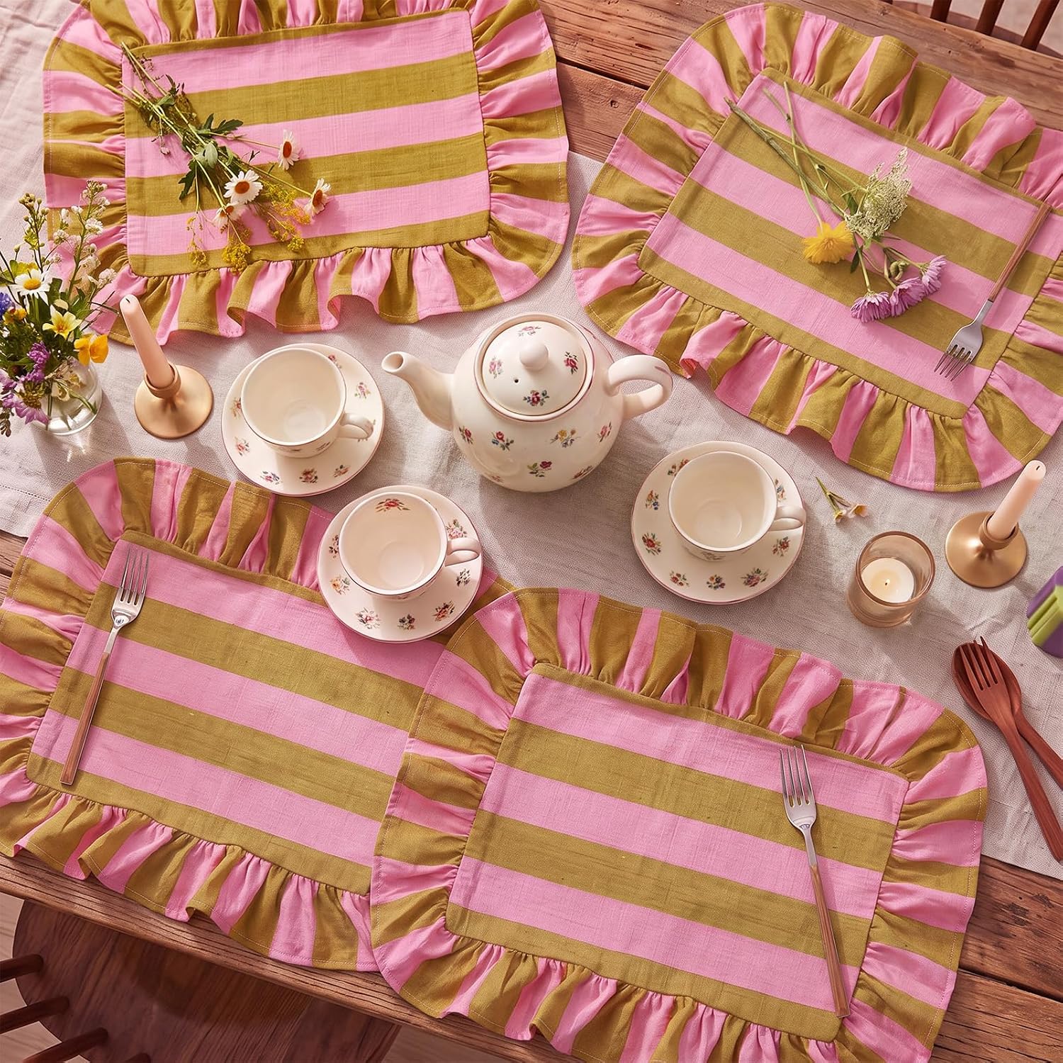 Frienda 4 Pcs Cute Cotton Stripe Placemats, Olive Green & Dusty Pink | Rectangular Table Mats with Ruffled Edge 13.8" x 17.7", Machine Washing for Dining Table, Kitchen, Party Decor