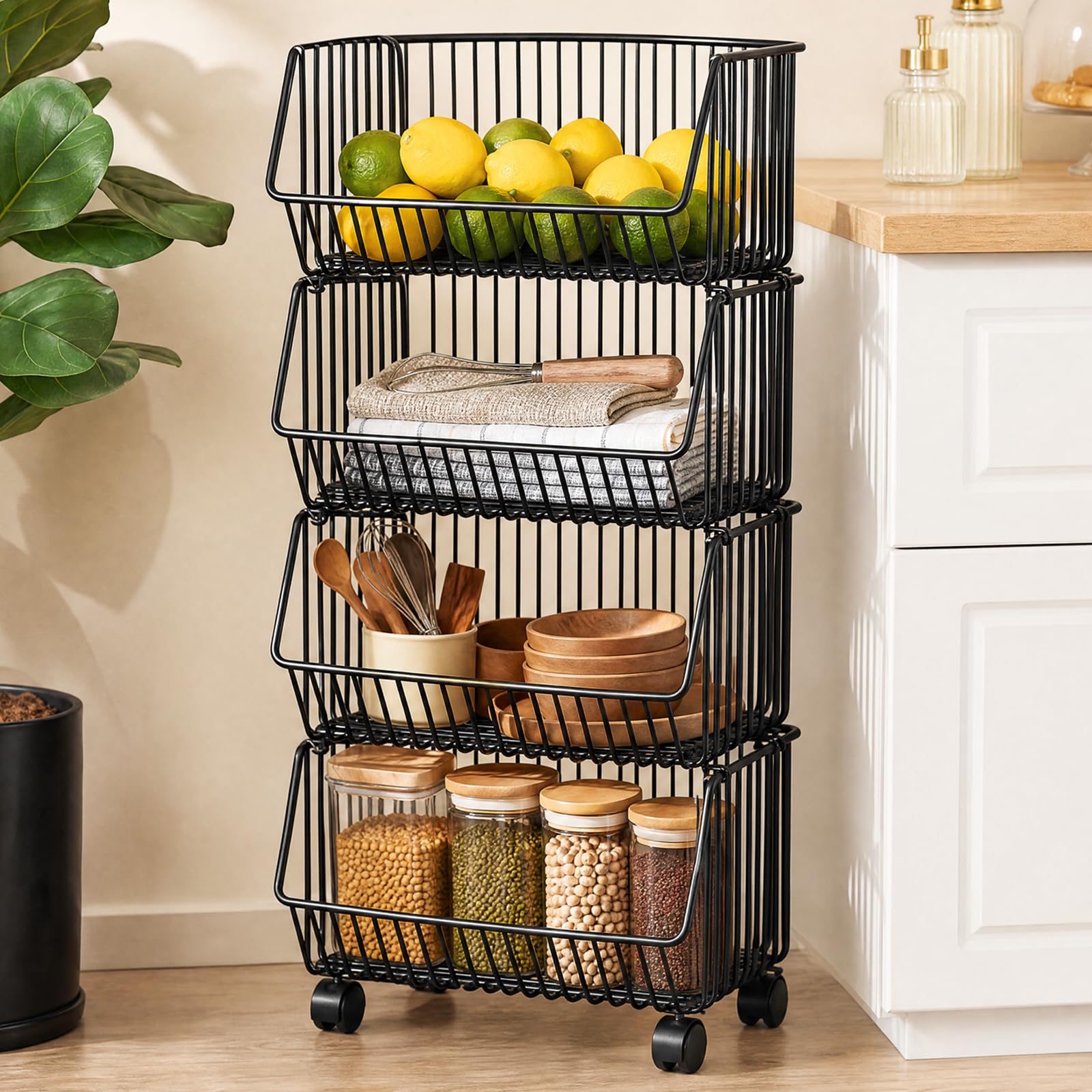 Fruit and Vegetable Storage Rack for Kitchen, 4 tier Storage Basket Cart