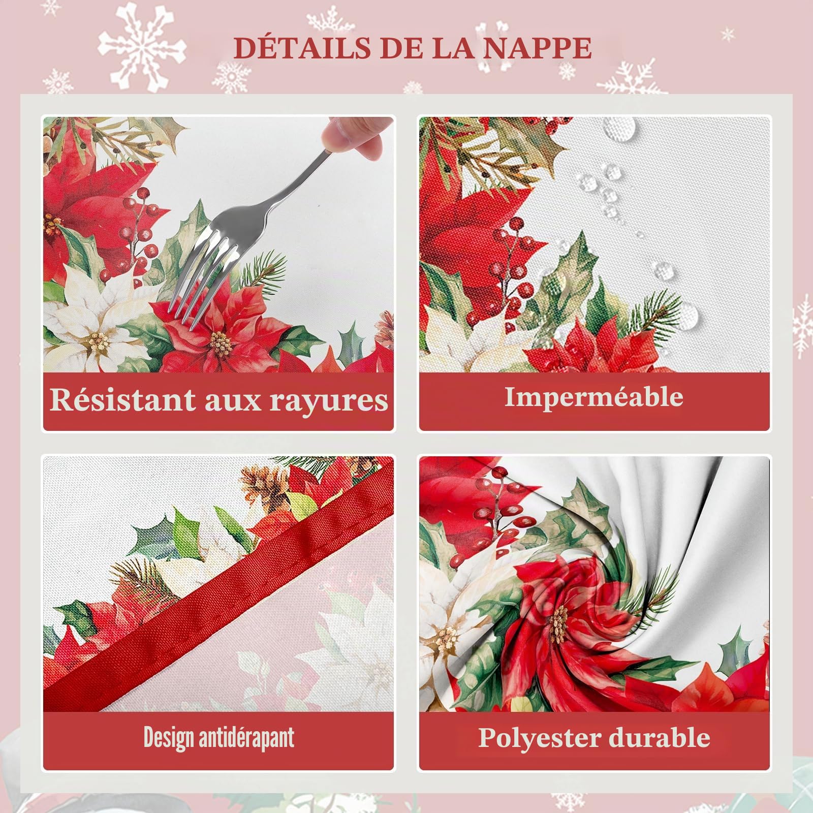 Nappe Florale De NoëL, Nappe Rectangulaire à Fleurs De NoëL, Housse De Table en Antitache Imperméable Lavable pour FêTe De NoëL, Vacances, DéCoration D'IntéRieur (Rouge, 152x264cm)