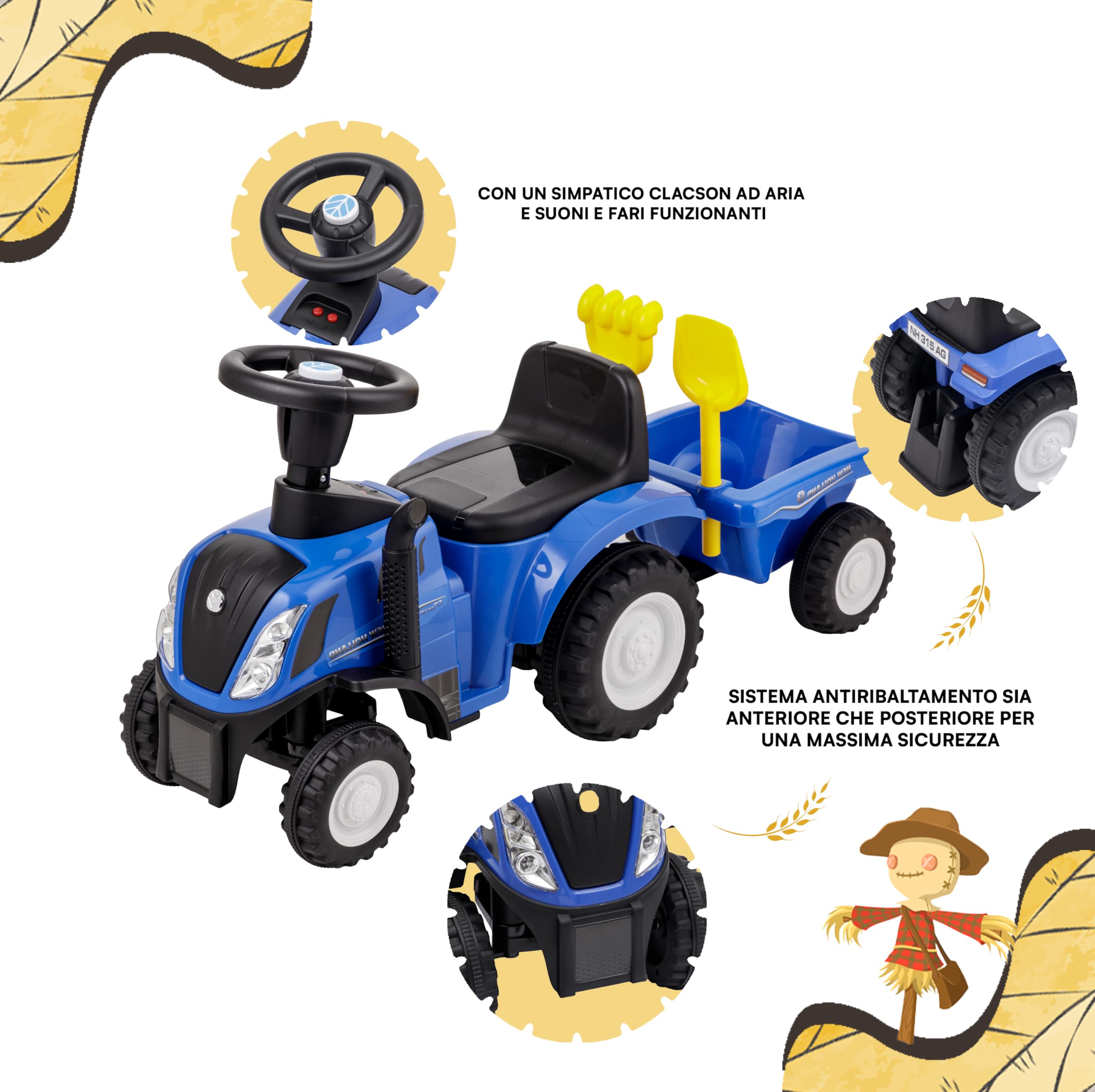 Baroni Toys Trattore Ride-On con Rimorchio per Bambini dai 12 a 36 mesi, Trattore con Clacson ad Aria, Volante Sterzante, Suoni e Fari Funzionanti, Paletta e Rastrello Inclusi, 29x91x44 cm, Blu