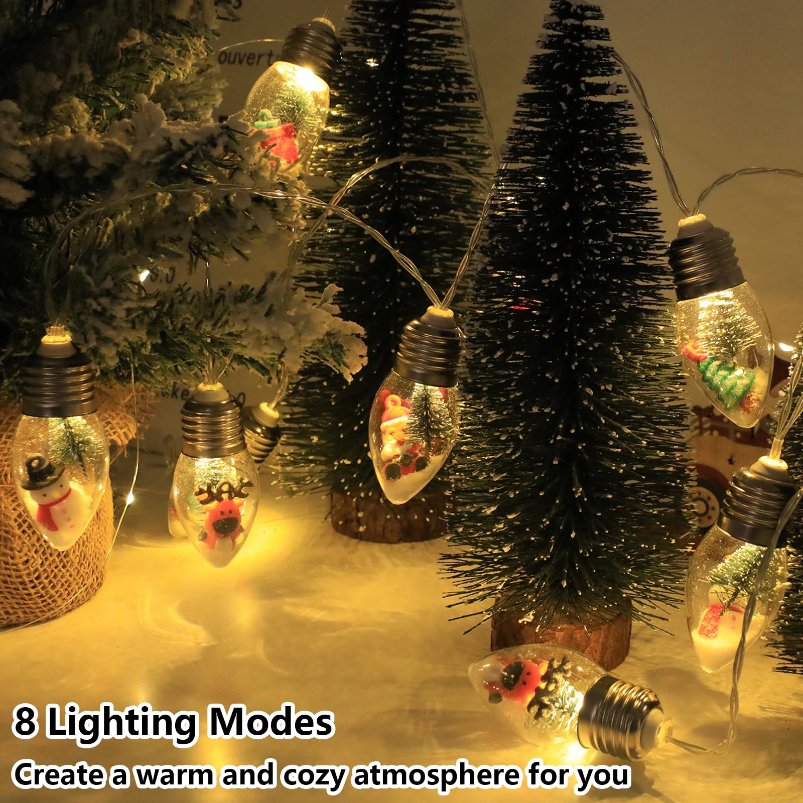 Luci natalizie vintage a batteria, 2 pezzi, 2 pezzi, globo di neve con timer, 10 lampadine a LED con albero e graziosi ornamenti per interni, camera da letto, albero, caminetto, giardino, feste
