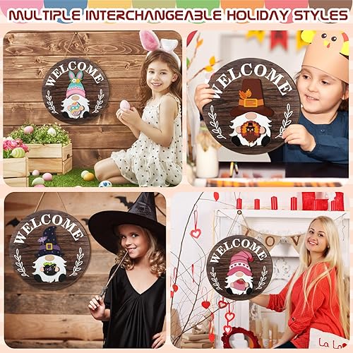 Miniatura 5 de Qunclay Decoración de gnomo de madera intercambiable, decoración navideña de gnomo con 15 piezas magnéticas y 15 sombreros desmontables, gnomo,