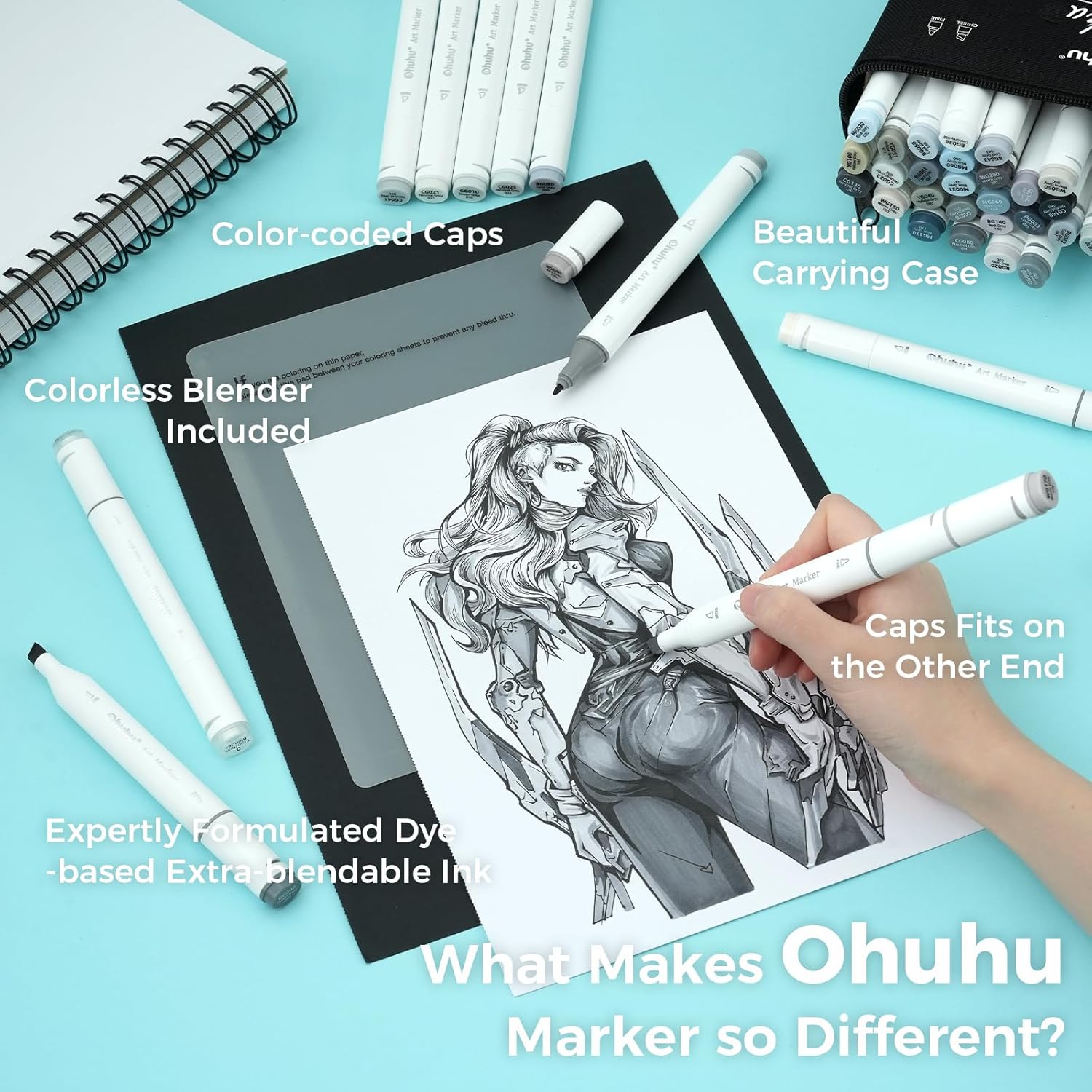 Artist using an Ohuhu marker to color an illustration, with other markers and a colorless blender nearby