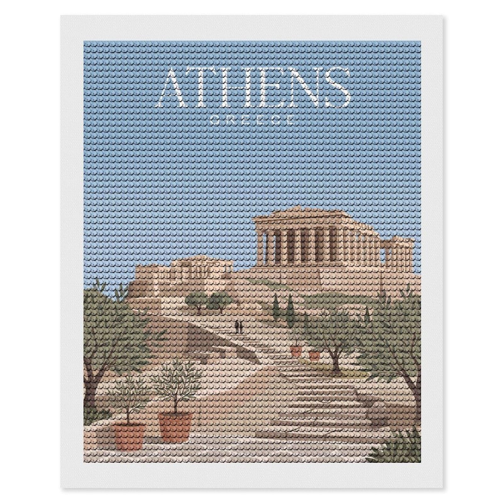 Junmoney Athens Greece Diamond Art Canvas 16"x20", for Creative Relaxation, Simple to Start, Aesthetic Room Decor, Holiday Gift Idea