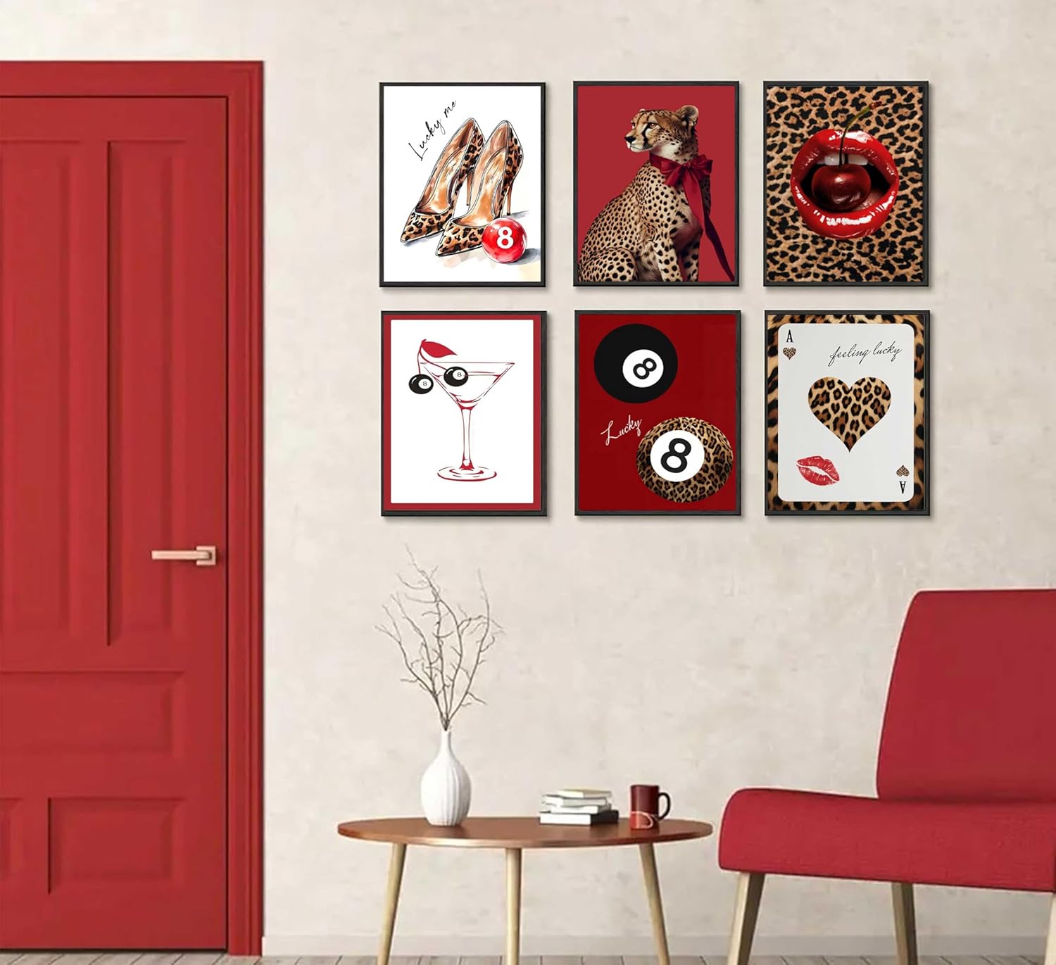6Pcs Red Trendy Leopard Wall Art Fashion Cheetah Canvas Wall Decor Lucky 8 Ball Posters Prints Vintage Aesthetic Preppy Room Pictures Paintings for Girls Bedroom Apartment Dorm Unframed