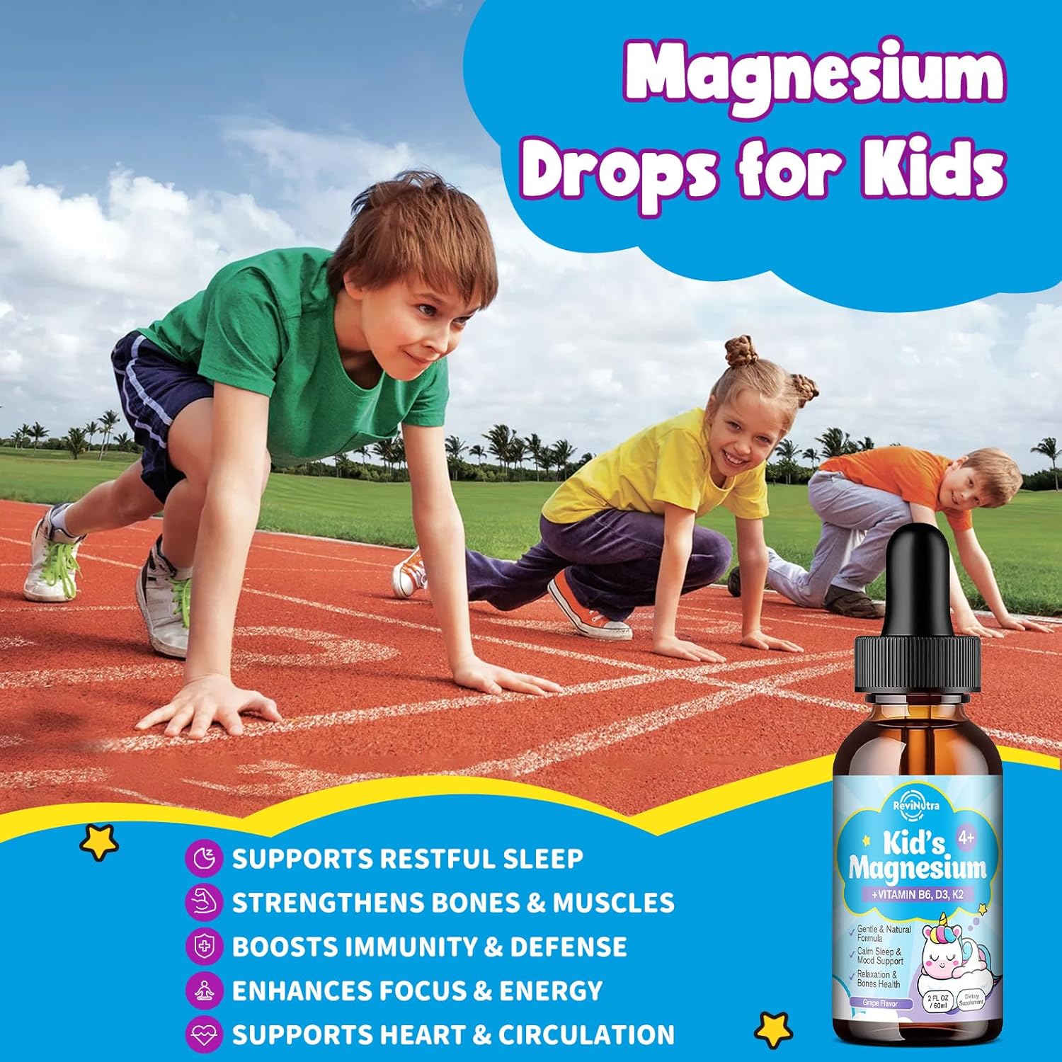 Kids Magnesium Glycinate Liquid Drops with Omega-3, Ashwagandha, Vitamin B6, D3, K2, Calcium & Chamomile - Magnesium Drops for Kids Sleep, Calm, Focus, Brain & Mood - Grape Flavor - Image 4