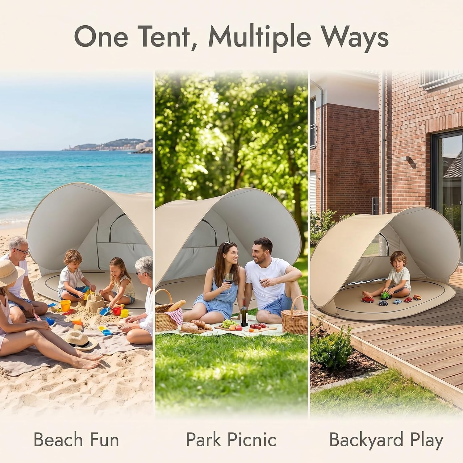 Tente de Plage Pop Up 3-4 Personnes, Abri de Plage UPF 50+ avec Tapis de Sol Amovible, Tente Pare-Soleil Portable pour Camping, Pique-Nique, Jardin et Extérieur (Beige)