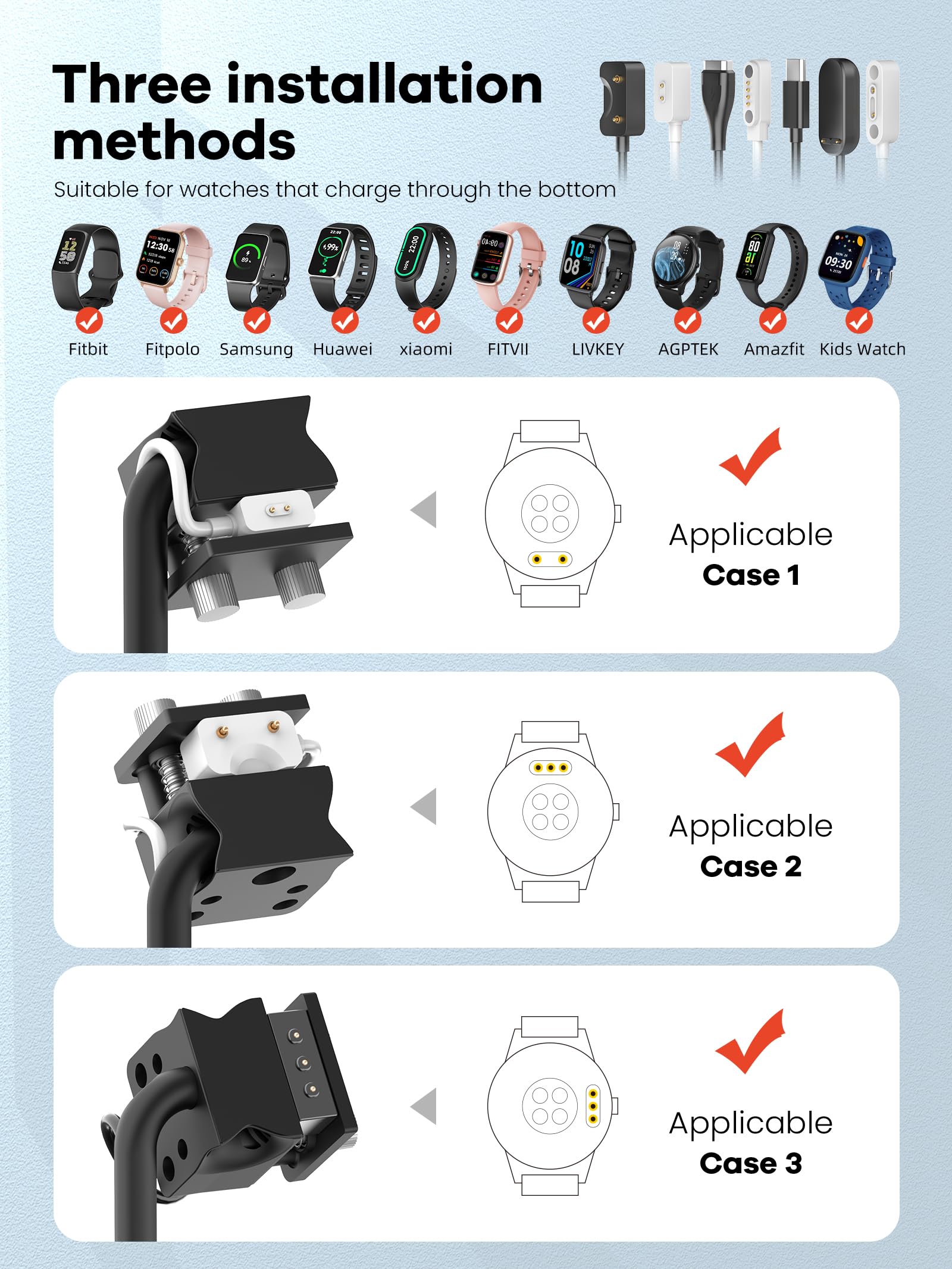 Station de charge universelle sans fil 2 en 1 avec support de bracelet intelligent réglable, compatible avec Samsung/Xiaomi/Amazfit/Fitpolo/GRV/AGPTEK/Fire-Boltt (03SW-B)