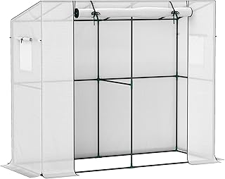 Outsunny Gewächshaus mit Rolltür 2 Fenster, Winterfest Foliengewächshaus aus Stahl, Treibhaus für Balkon, Garten, Tomatenhaus mit UV Schutz 200x76x170cm Tomatengewächshaus für Gemüse Blumen, Weiß
