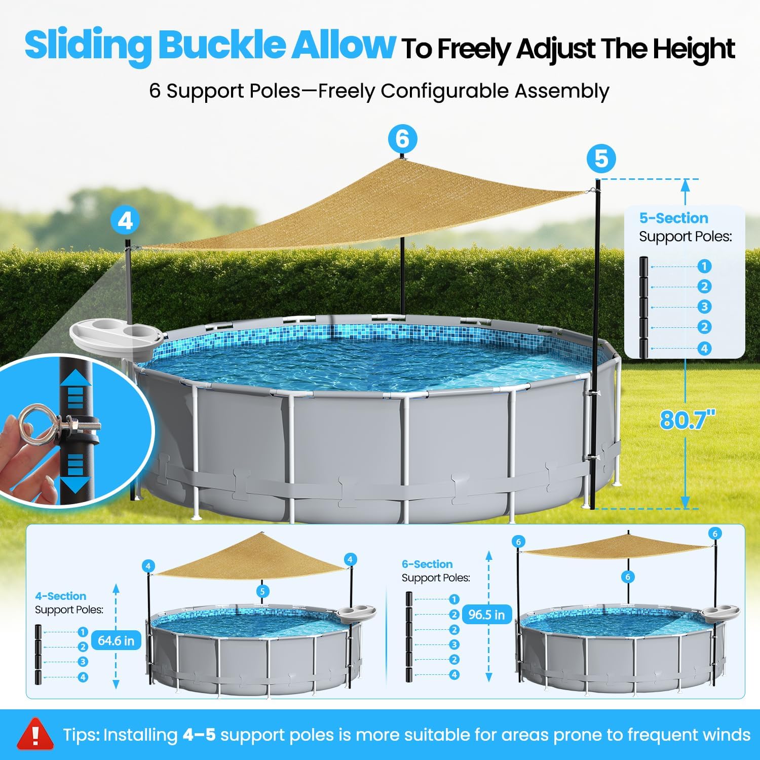 Above Ground Pool Canopy Sunshade Set with Storage Tray - Pool Shade Sail Triangular 13'x13'x13' for 15-22 FT Pools, UV-Resistant Shade Cloth, Swimming Pool Awning Cover for Deck, Patio, Garden thumbnail
