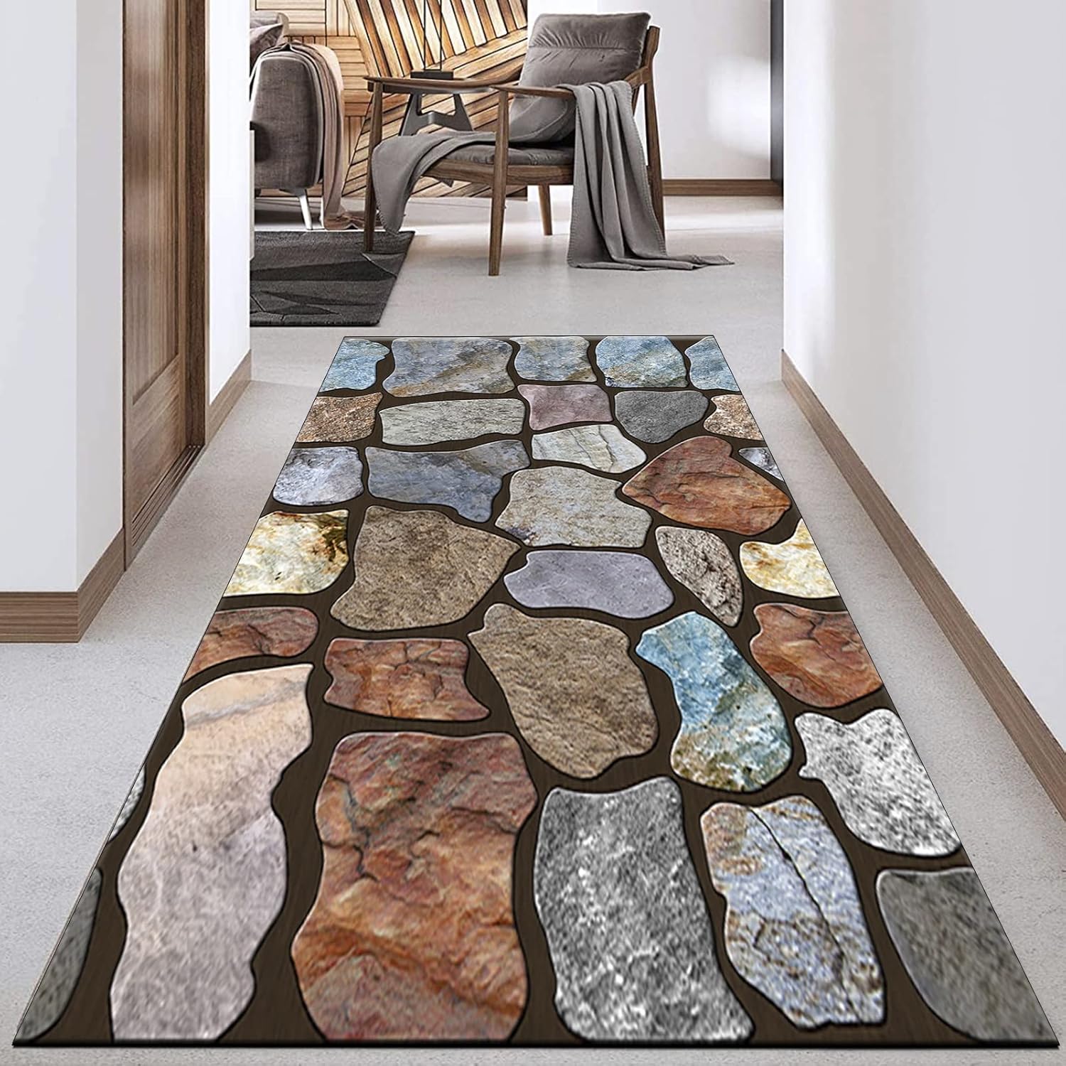 Runner Rug Non Slip 3'4"x25' Modern Colored Seaside Stones and Pebbles Soft Floor Carpet for Kitchen