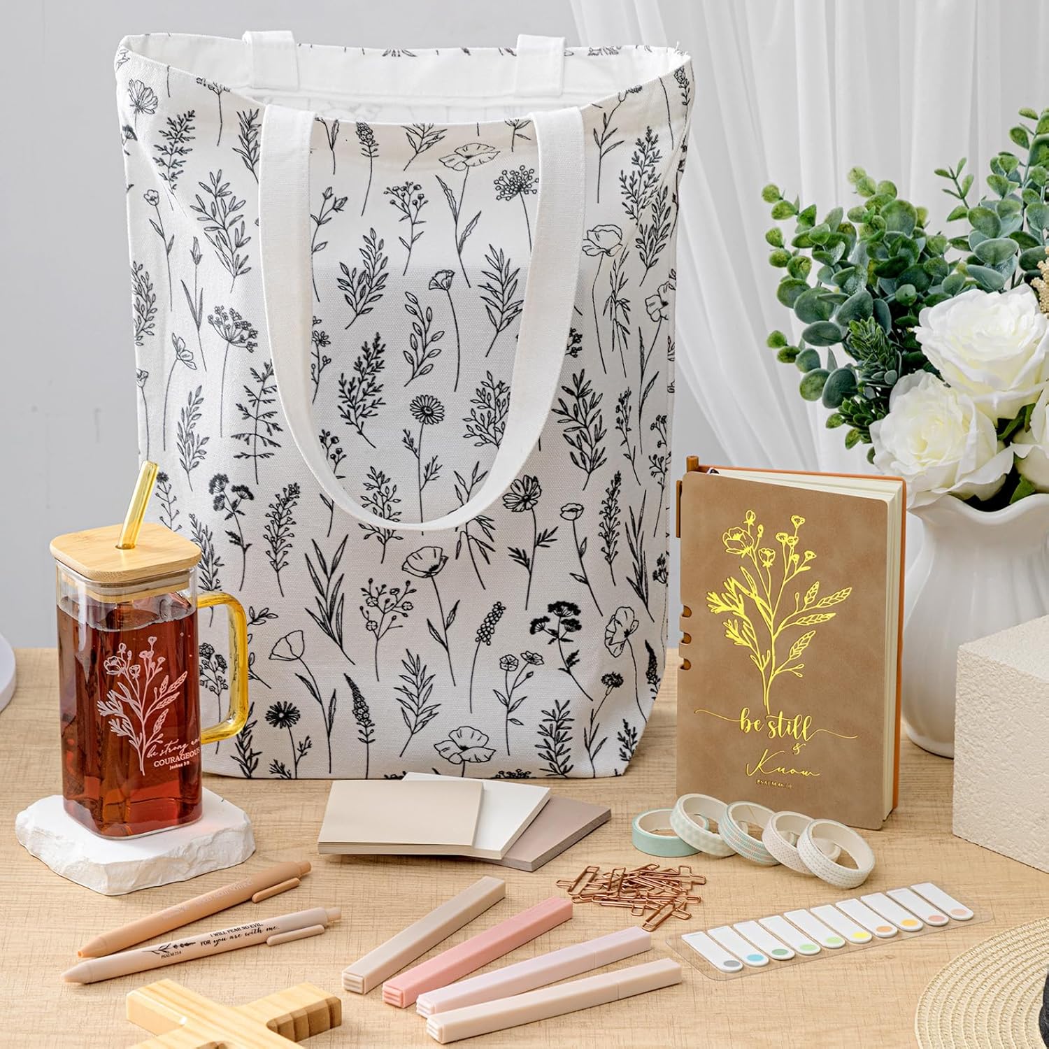29 Pcs Bible Journaling Kit, Christian Glass Cup Canvas Bag Leather Notebook Highlighters and Pens Sticky Notes Tapes Paper Clips Bible Study Supplies for Mother Day Religious Gifts(Yellow)