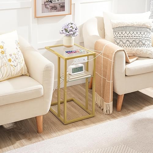 Miniatura 2 de HOOBRO Mesa auxiliar en forma de C con estación de carga, mesa auxiliar de sofá de vidrio templado con marco de metal, mesa de aperitivos C para