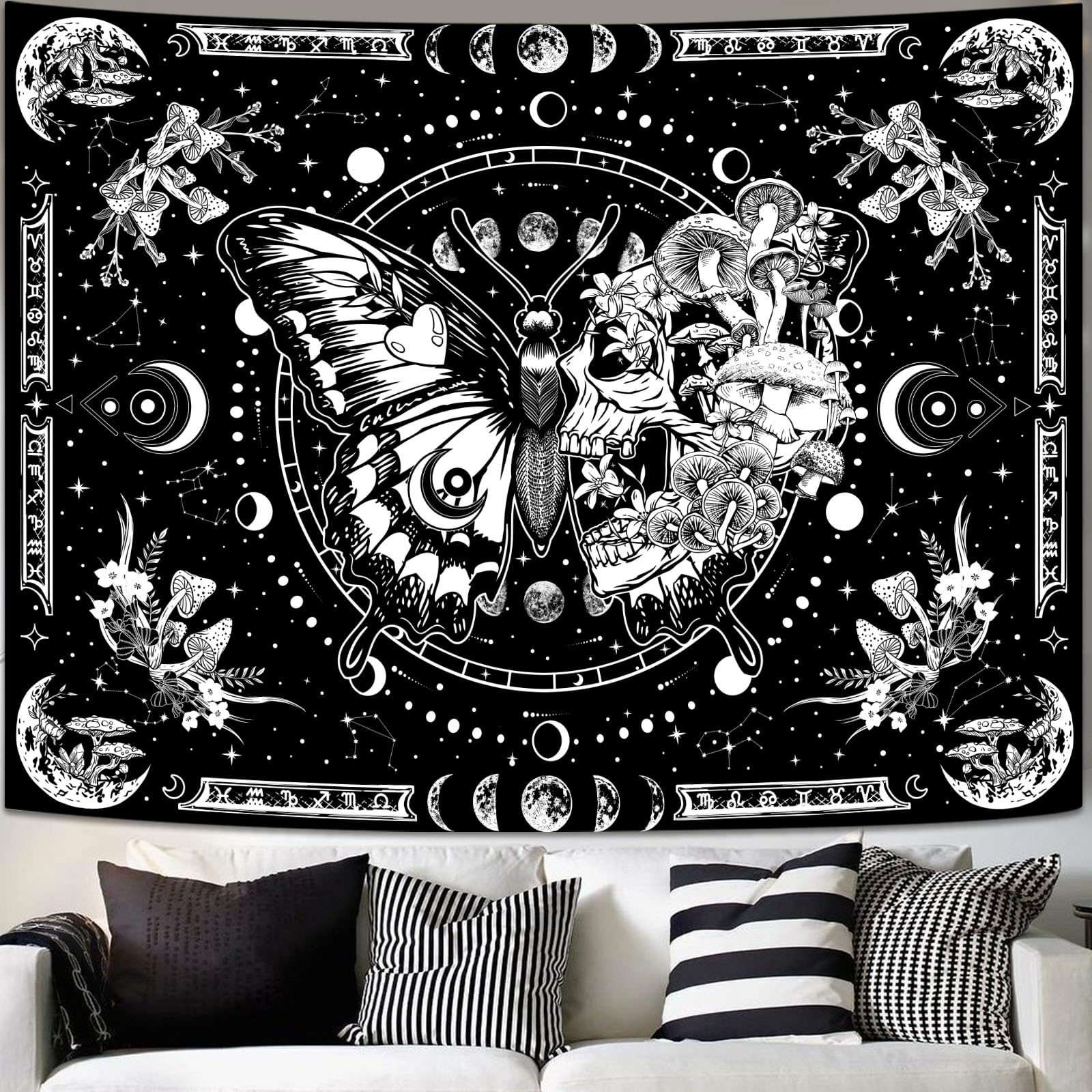 Fungarth Butterfly Tapestry Black and White Skull Mushroom Tapestries Skeleton Botanical Aesthetic Hippie Tapestry Wall Hanging for Bedroom Living Room Dorm (Black, 90” x 68”)