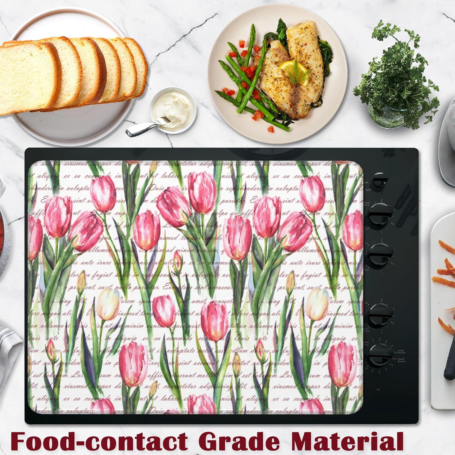 Pink Tulip Flowers Text Electric Stove Top Cover Protector,Glass Flat Top Stove Mat,Heat-Resistant Oven Induction Cooktop Mat for Ceramic Countertop Mats Dish Drying Mat