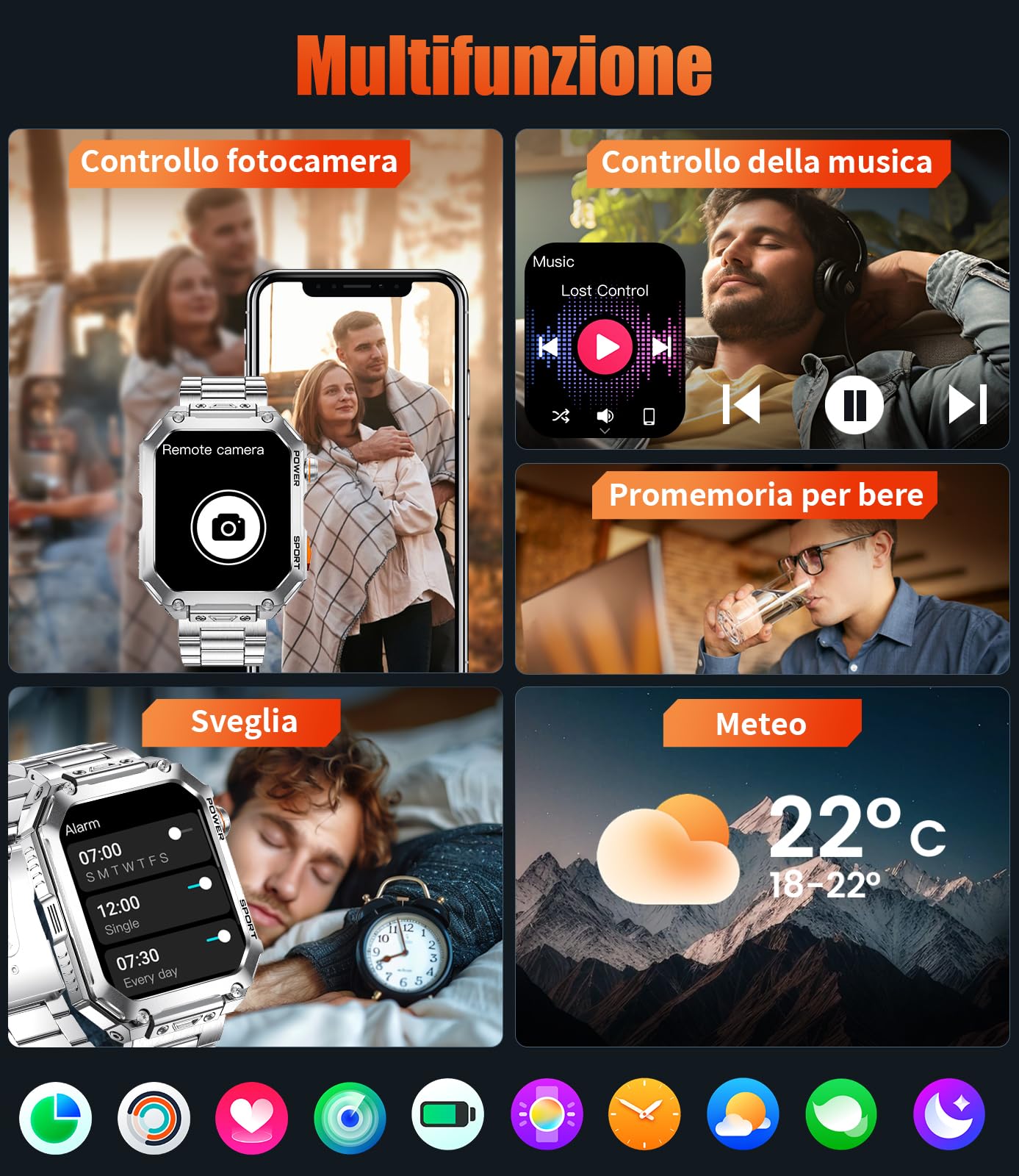 Smartwatch Uomo Militare, 2.01" Sport Smart Watch con Chiamata Bluetooth, 100+ Modalità Sportive, IP68 Fitness Orologio, Frequenza Cardiaca e Sonno, 600mAh Batteria, Android iOS, 2 Braccialetti,EF2-M