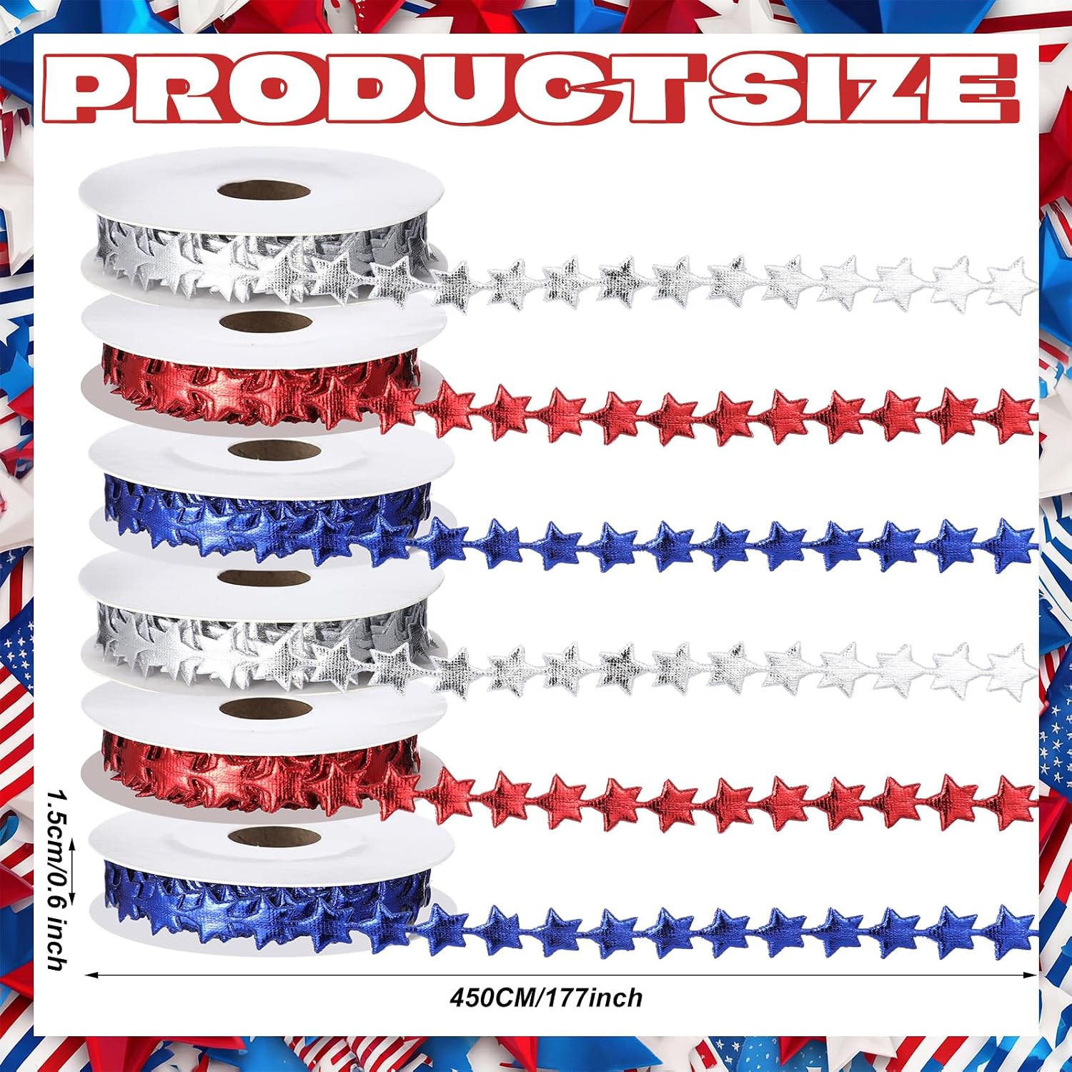 Hoteam 6 Rolls 4th of July Ribbons Star Shape Patriotic Craft Thin Ribbon 30 Yards Garland Red White Blue Stars Fabric Burlap Trim for DIY Craft Gift Wreath Bows Wrapping Memorial Hanging Supplies