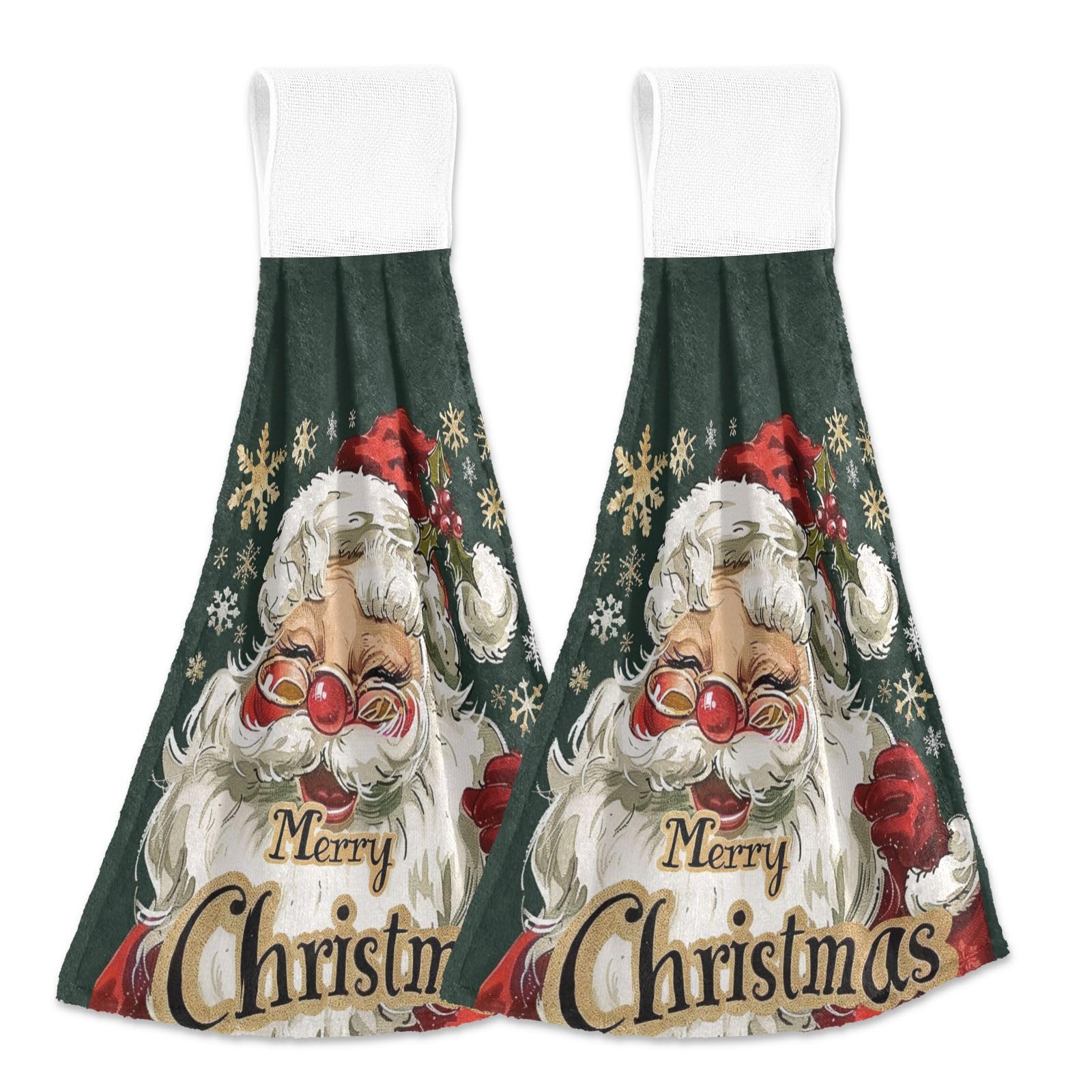 Boccsty Christmas Santa Face Hanging Kitchen Towels 2 Pieces Gold Snowflake Dish Tie Towels Hand Towel Bathroom Towels for Farmhouse
