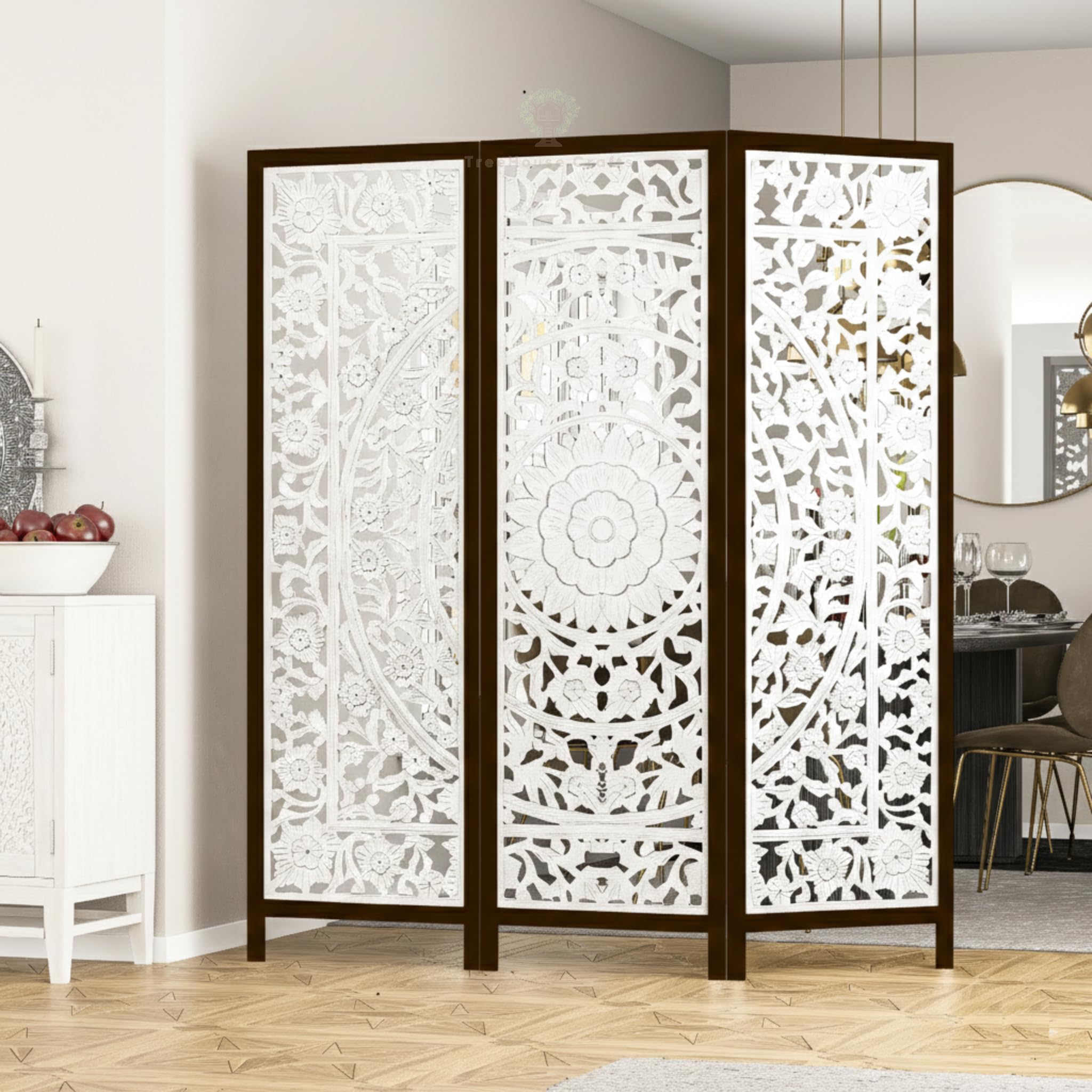 TreeHouse Crafts 6 Feet Handcrafted 3 Panel Wooden MDF Room Partition & Room Divider (White) Solid Wood Decorative Screen Partition (Floor Standing, Finish Color - White, Pre-Assembled)-image-32