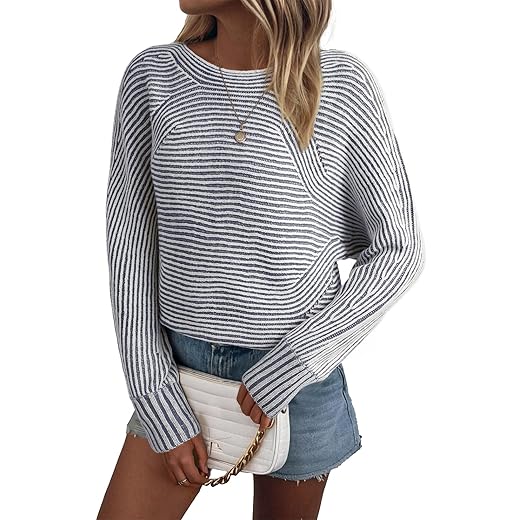 EVALESS Striped Sweaters for Women Boat Neck Batwing Sleeve Oversized Pullover Sweater Tops Womens Fall Clothes Outfits