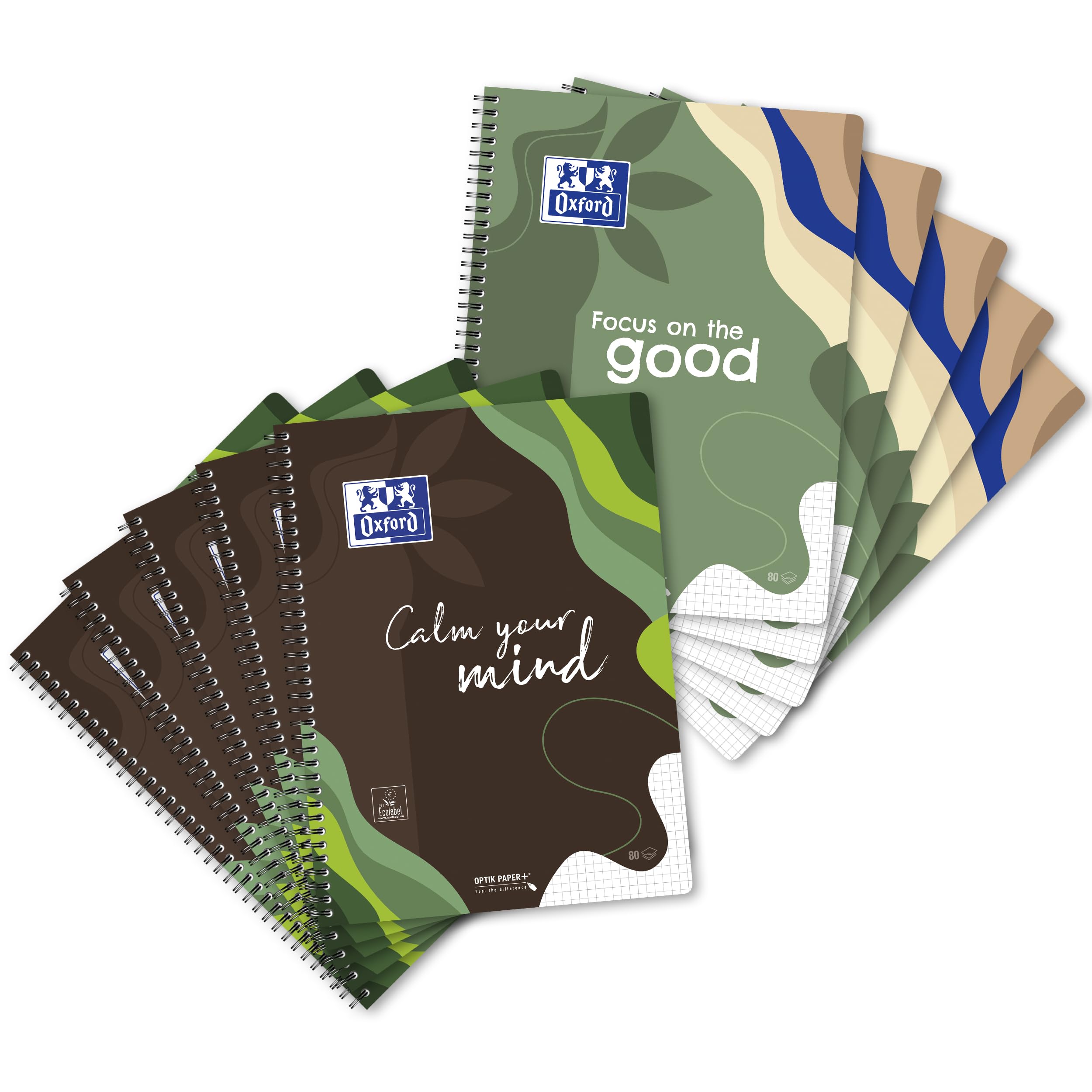Oxford A4 Collegeblock, kariert, 160 Seiten Limited Edition "Calm Nature" 2 Motive sortiert, 4-fach gelocht & mikroperforiert, 10 Stück