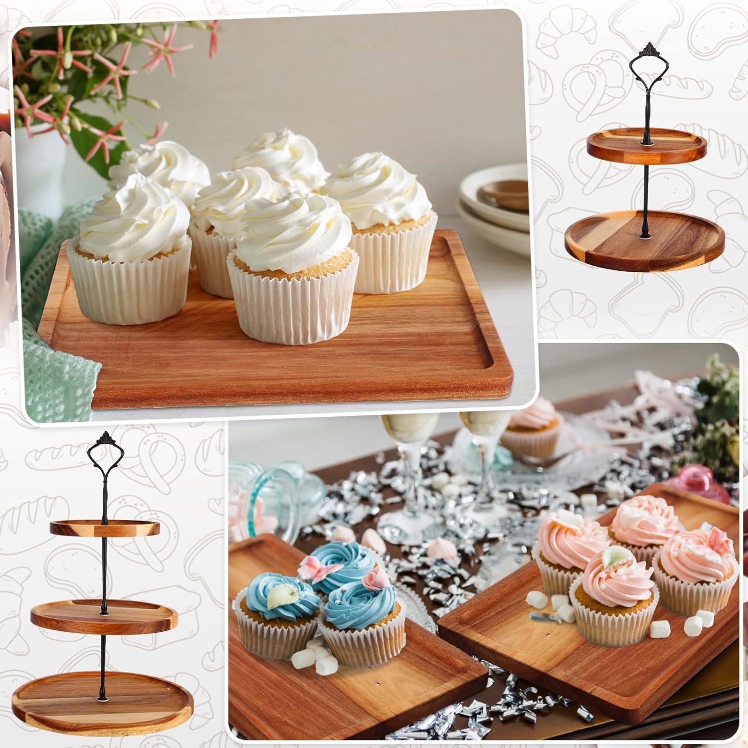 Weysat 4 Piece Wooden Cake Stand Set Wood Dessert Stand, 2 Tier and 3 Tier Rustic Cupcake Stands, Cup Cake Tower, Dessert Display Tray for Baby Shower, Wedding, Birthday Tea Party, Farmhouse Decor - Image 6