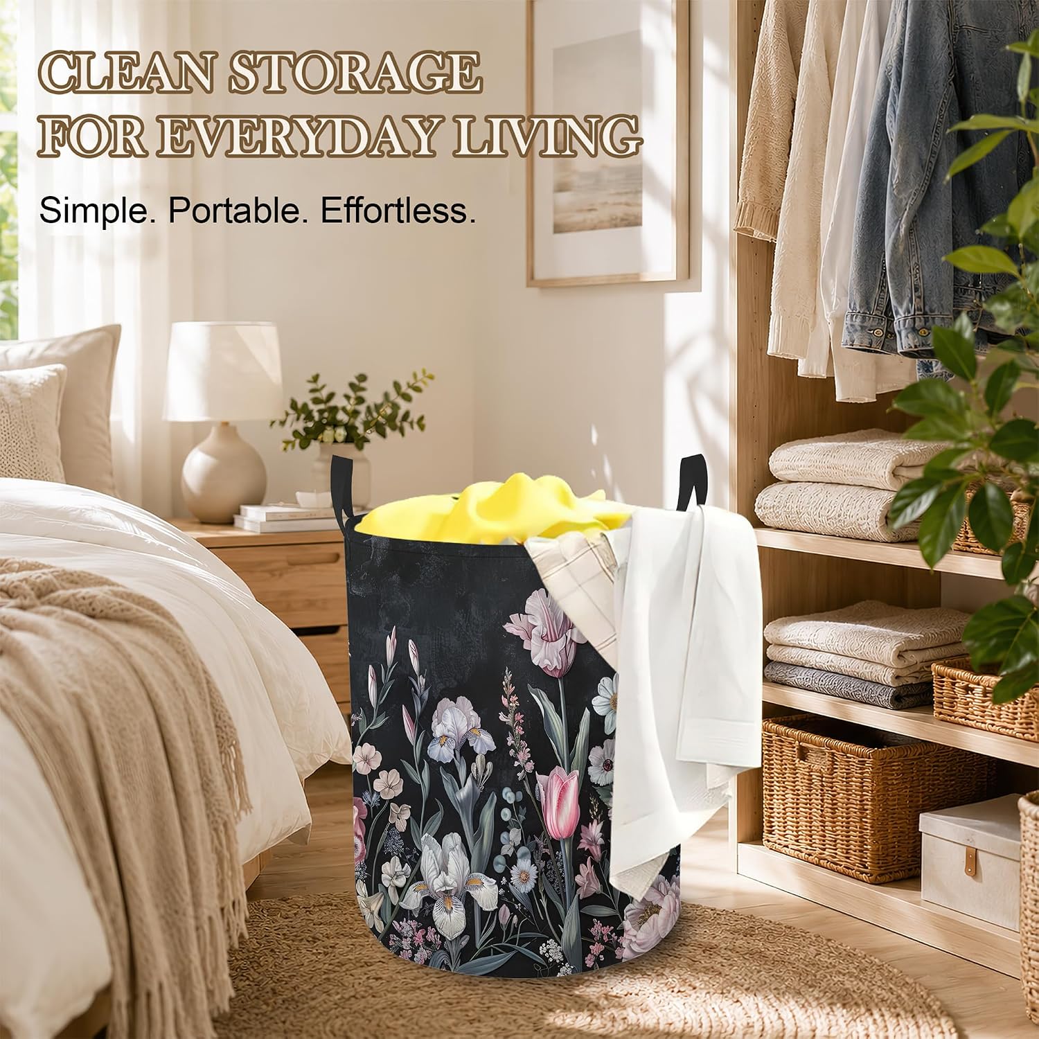 Vintage Flower Laundry Hamper, Botanical Laundry Baskets, Waterproof Oxford Cloth for Room/Bathroom/Bedroom/Dormitories 16x20.8 Inch