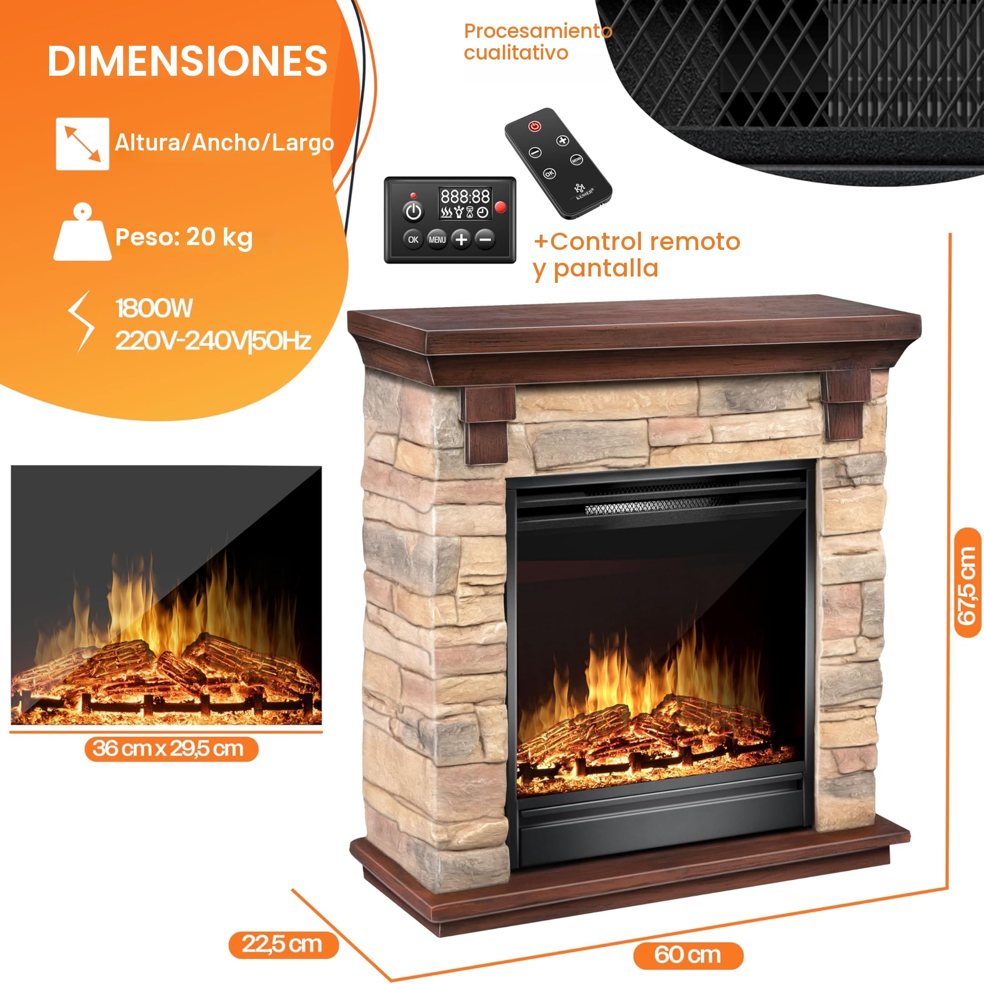 KESSER® Chimenea eléctrica - Chimenea eléctrica con Efecto de Llama LED 3D, con función de calefacción, Chimenea eléctrica con 1800W de Potencia, Temporizador semanal, Natural/Marrón