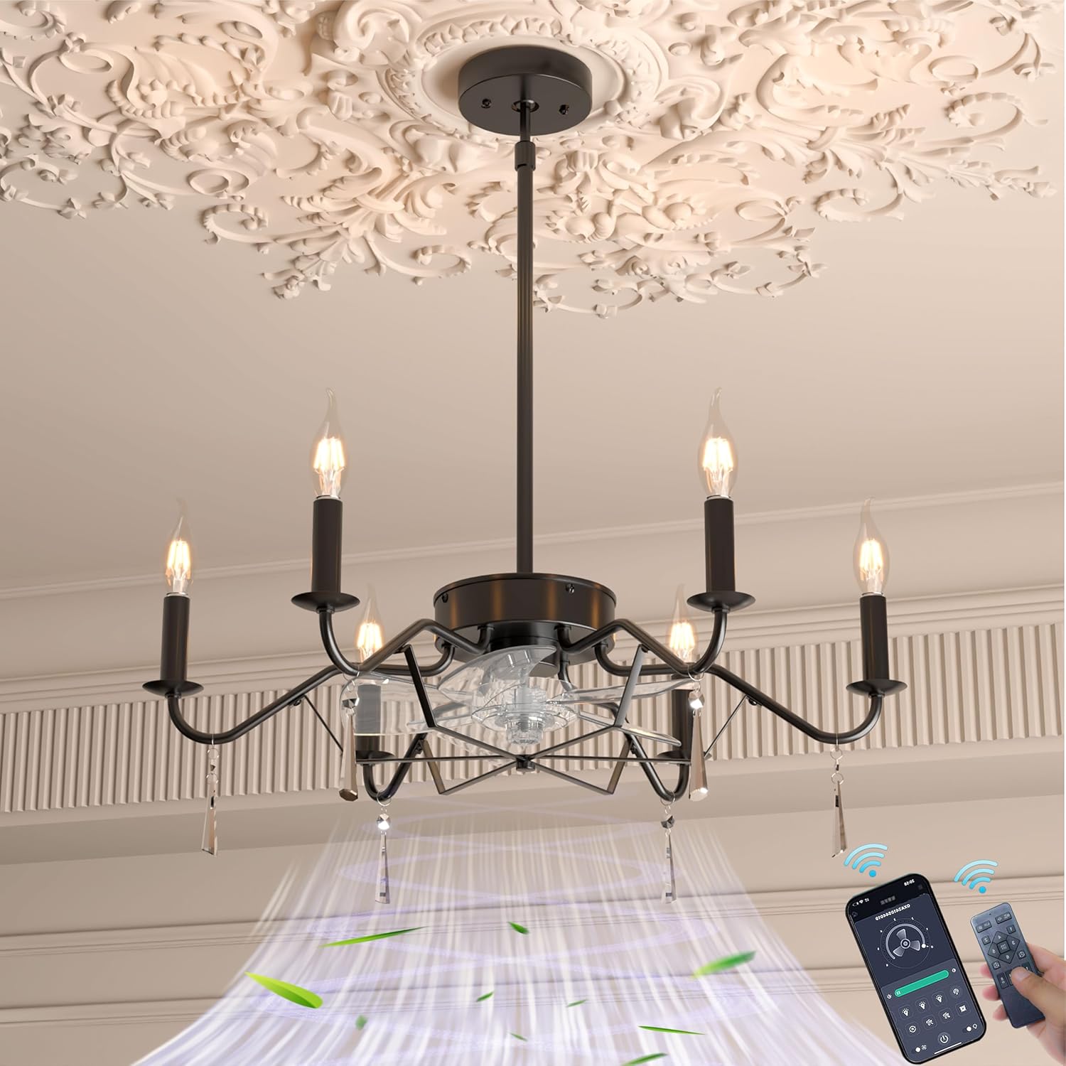 Ceiling Fan with Branch-Shaped Candlestick Chandelier 25" Farmhouse Fandelier Ceiling Fans with Lights, Rustic Hanging Chandelier for Bedroom, Dining Room, Kitchen Island, Foyer, Hallway-Black