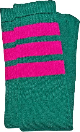 SKATERSOCKS One Pair of Italian Mid Calf Teal Tube Socks with Hot Pink Stripes - Style 1