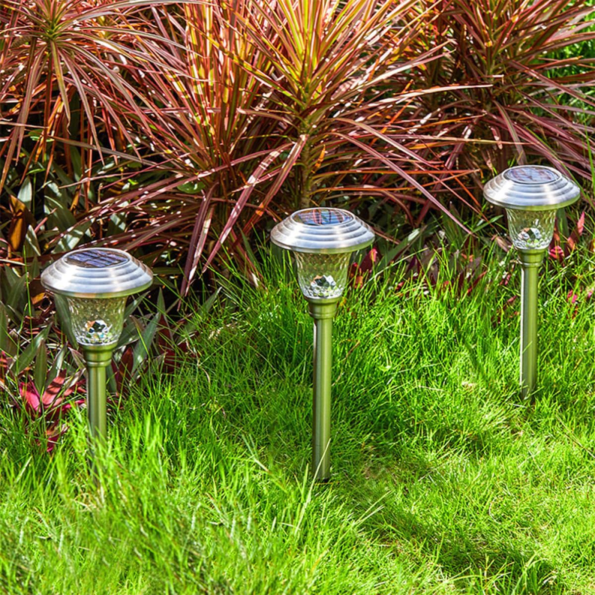 Luxshiny 2pcs Solar Garden Lights Outdoor Stainless Steel Glass LED Landscape Path Lights Waterproof Solar Power Standing Lamps for Patio Lawn Yard