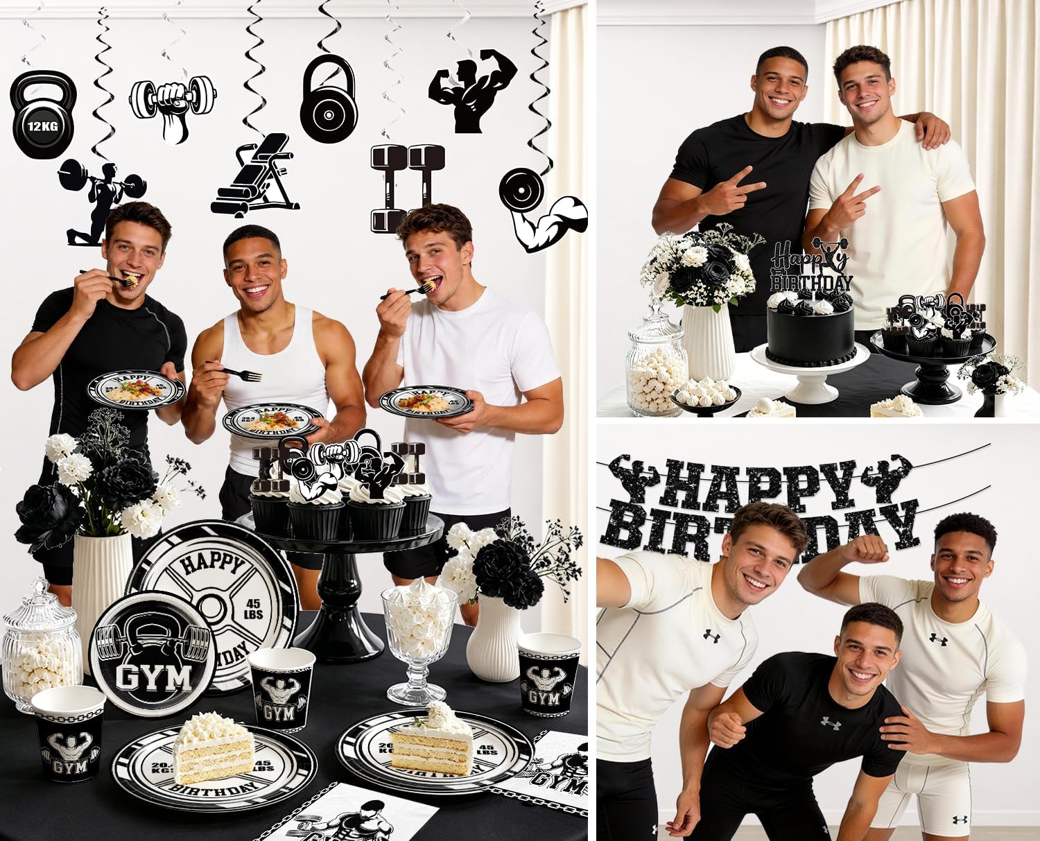 Gym Birthday Decorations for 25 Guests, 205PCS All-in-One Black & White Fitness Party Supplies with Banner, Paper Plates, and Tablecloth, Easy Setup Workout & Weightlifting Themed Party Decor